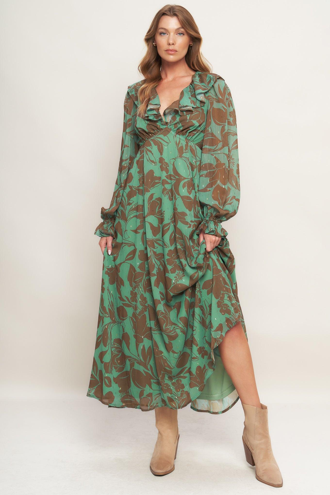 Botanic Dreams Woven Maxi Dress in sage brown, view 1 — Soul Flow Apparel