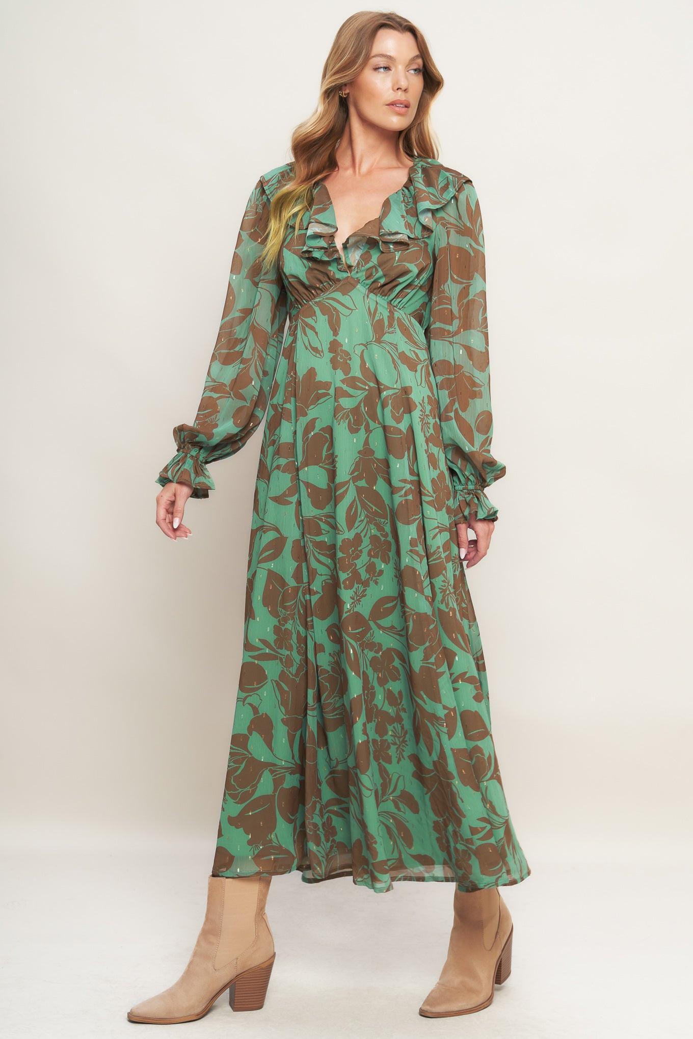 Botanic Dreams Woven Maxi Dress in sage brown, view 3 — Soul Flow Apparel