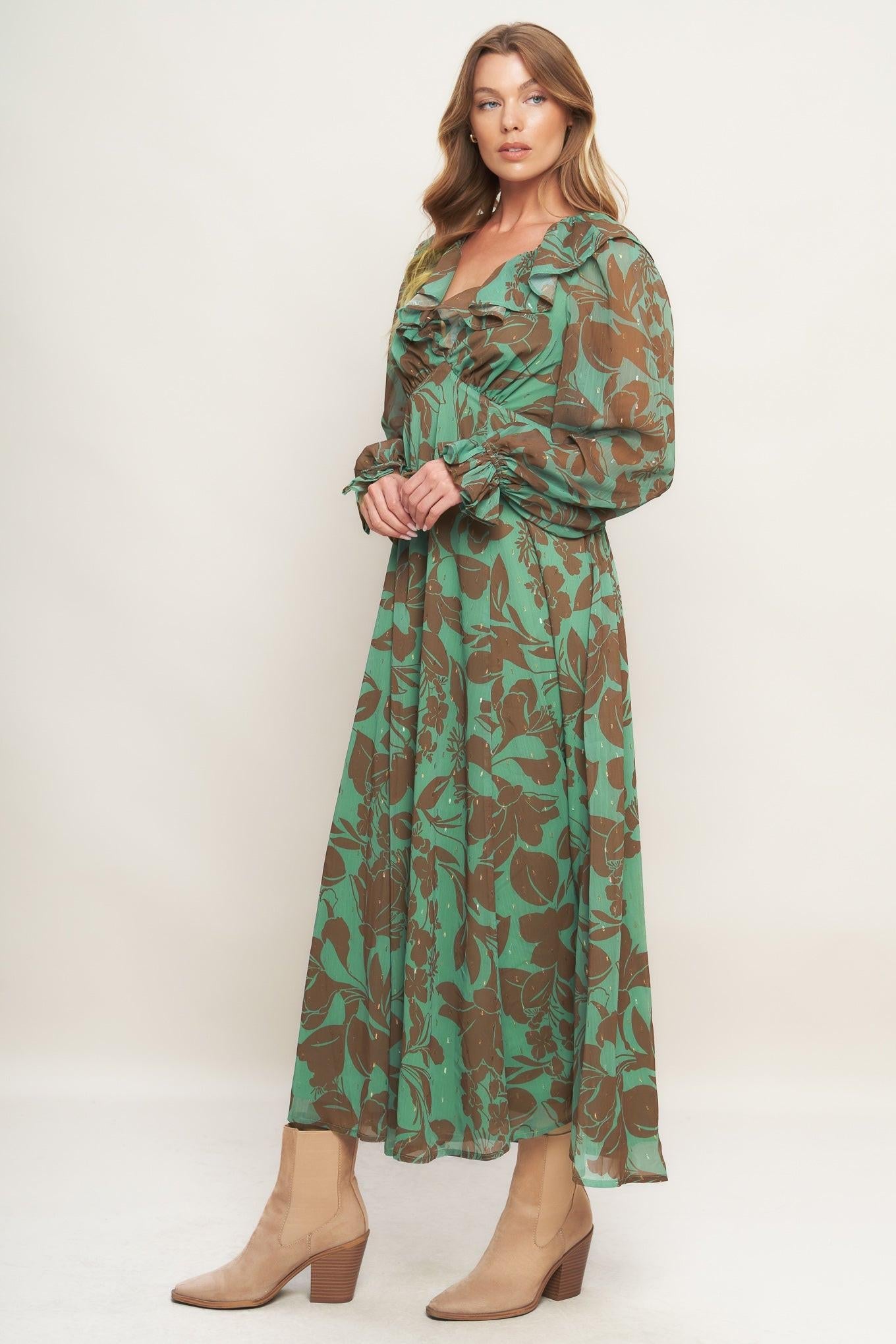 Botanic Dreams Woven Maxi Dress in sage brown, view 4 — Soul Flow Apparel