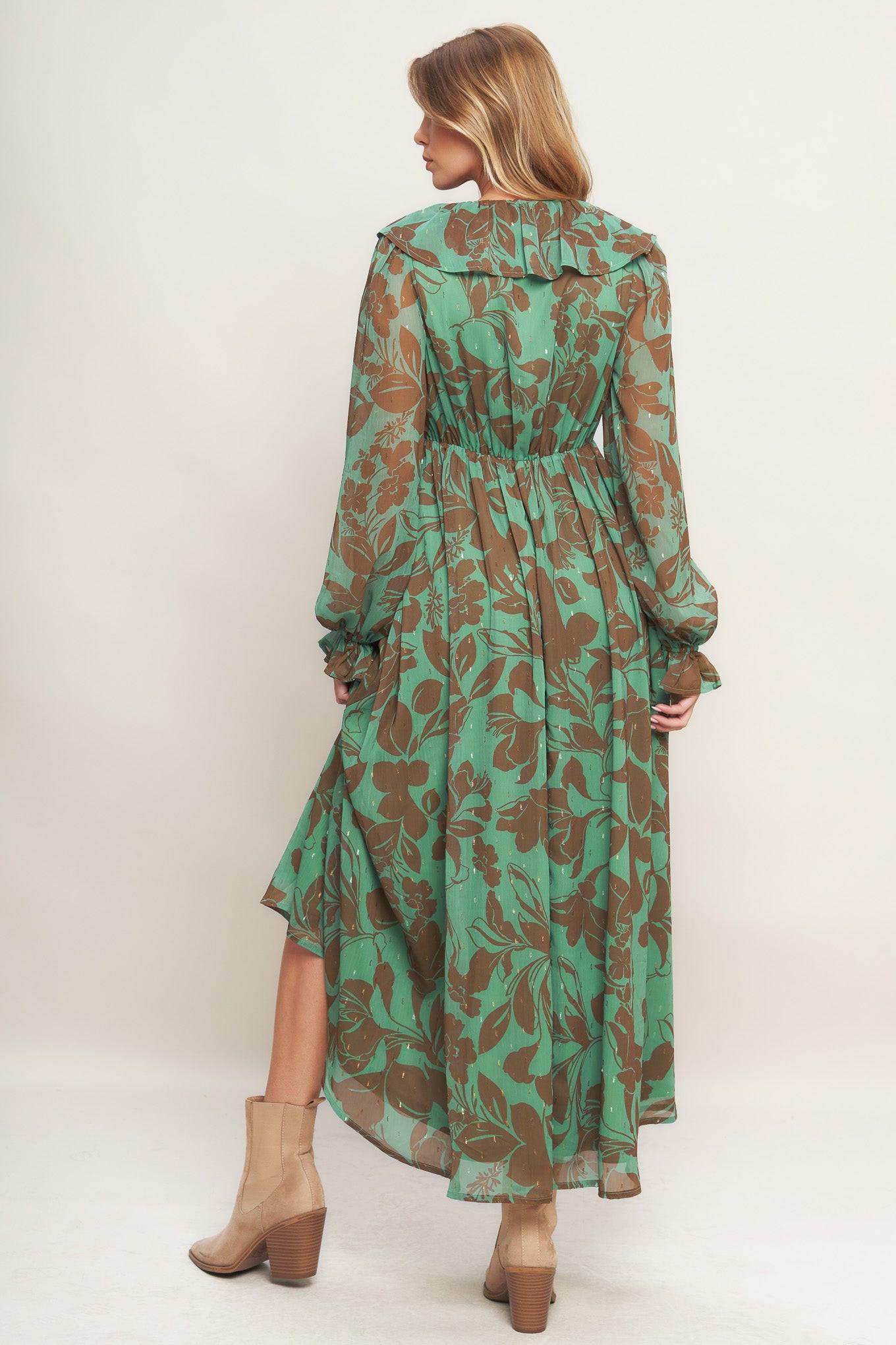 Botanic Dreams Woven Maxi Dress in sage brown, view 5 — Soul Flow Apparel