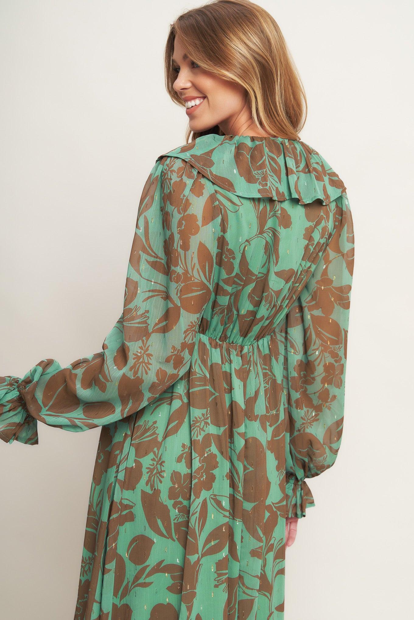 Botanic Dreams Woven Maxi Dress in sage brown, view 7 — Soul Flow Apparel
