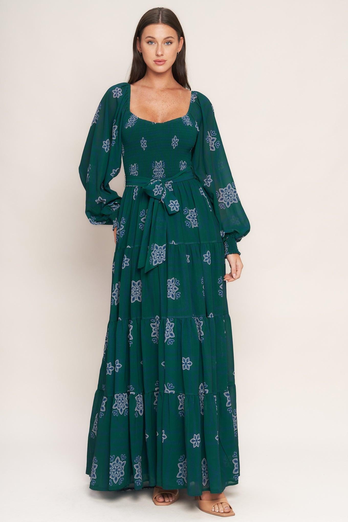 Azure Botanique Woven Maxi Dress in green, view 1 — Soul Flow Apparel