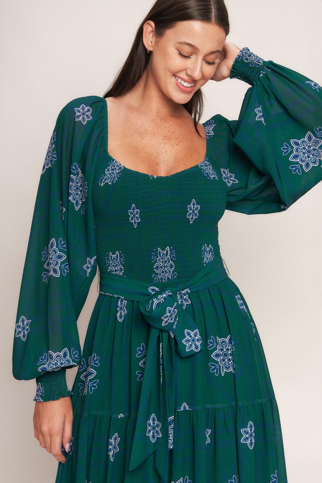 Azure Botanique Woven Maxi Dress in green, view 2 — Soul Flow Apparel