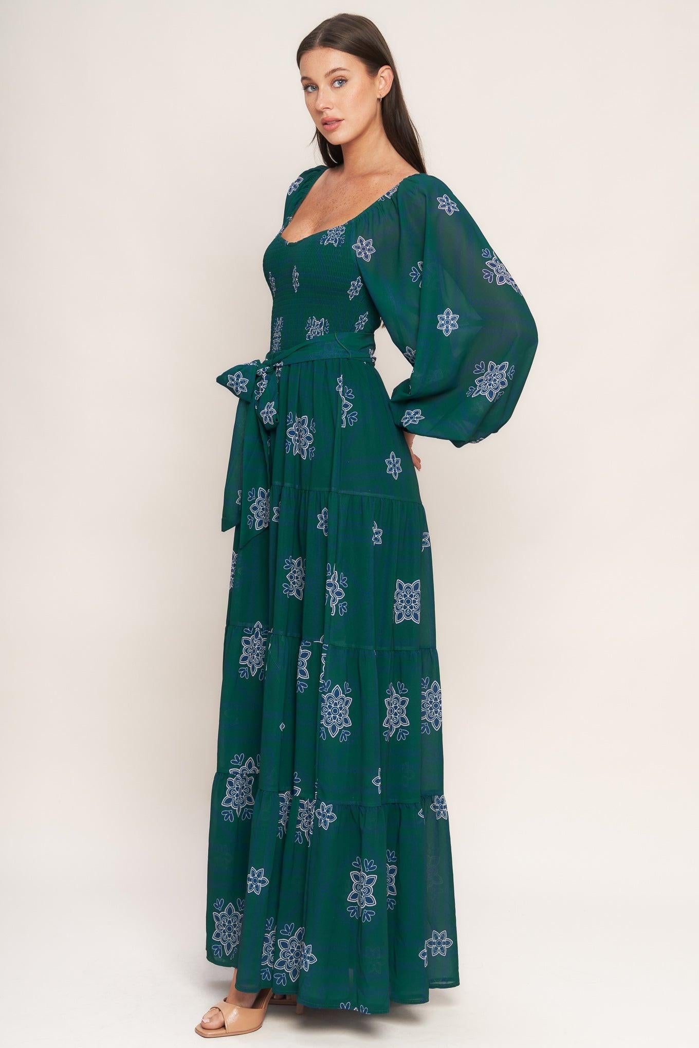 Azure Botanique Woven Maxi Dress in green, view 3 — Soul Flow Apparel