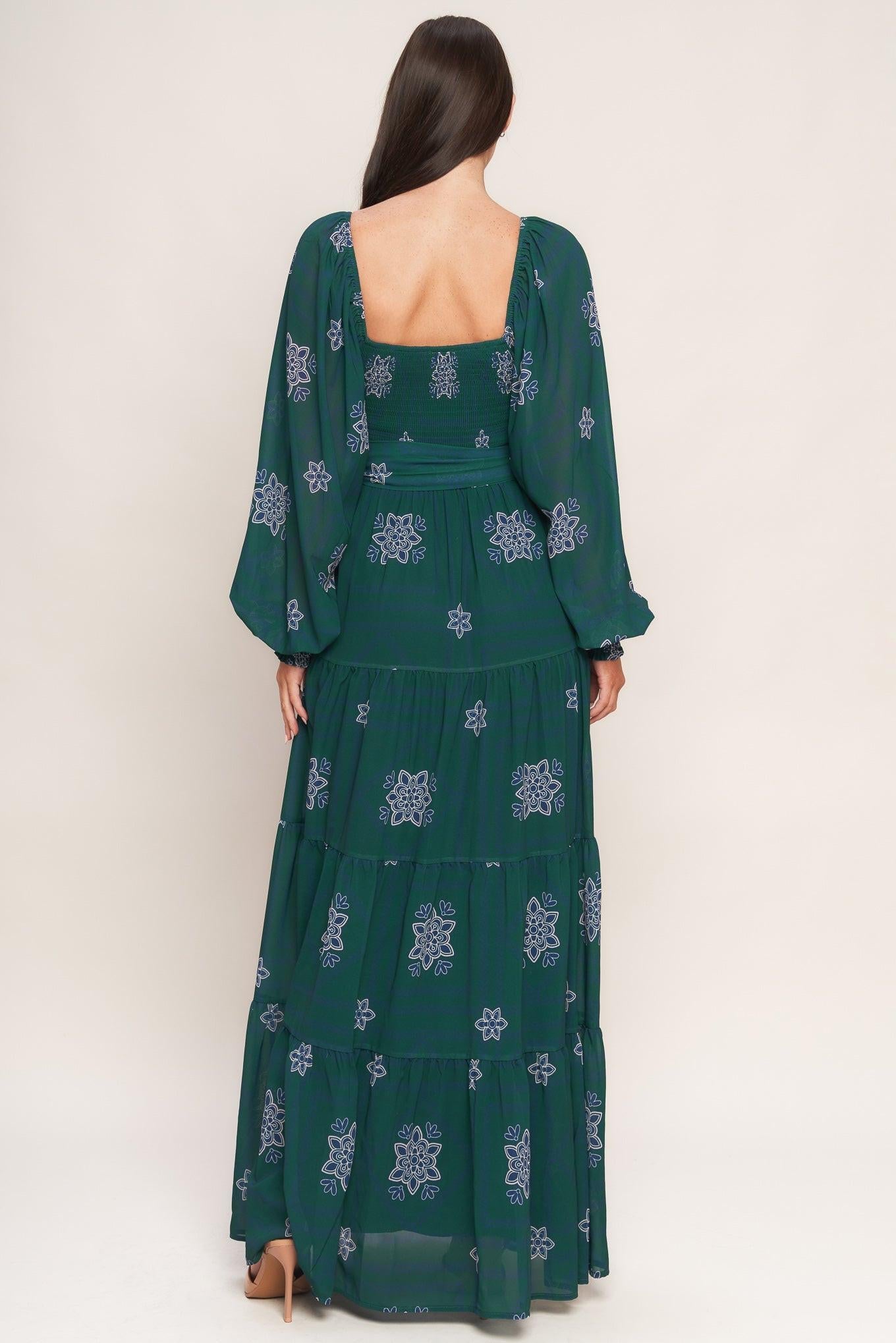Azure Botanique Woven Maxi Dress in green, view 4 — Soul Flow Apparel