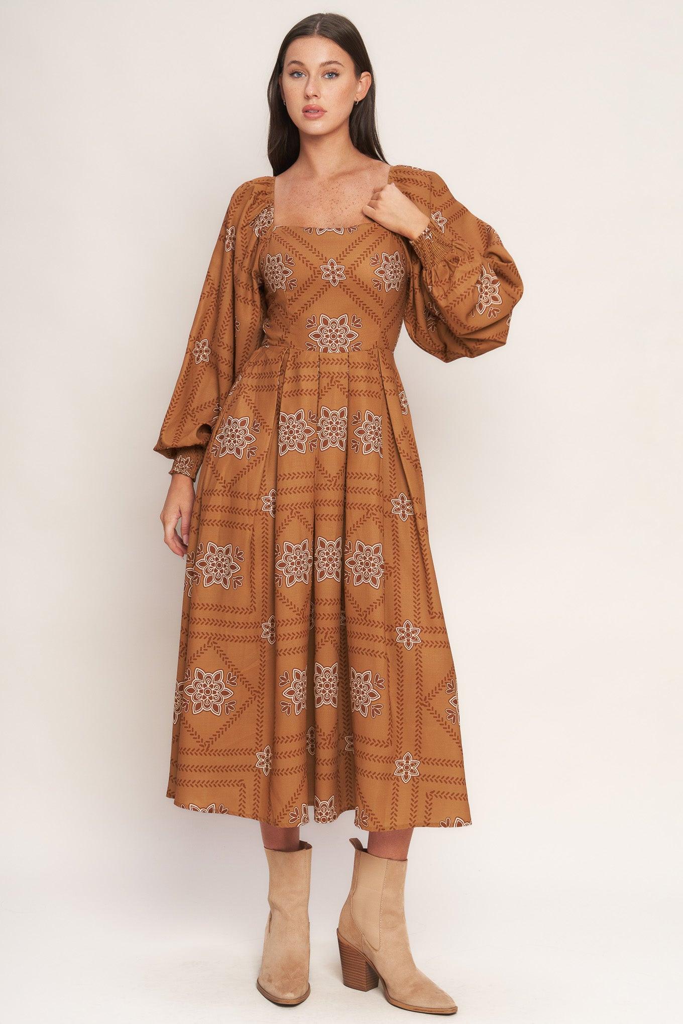 Southwest Squares Woven Midi Dress in camel, view 1 — Soul Flow Apparel