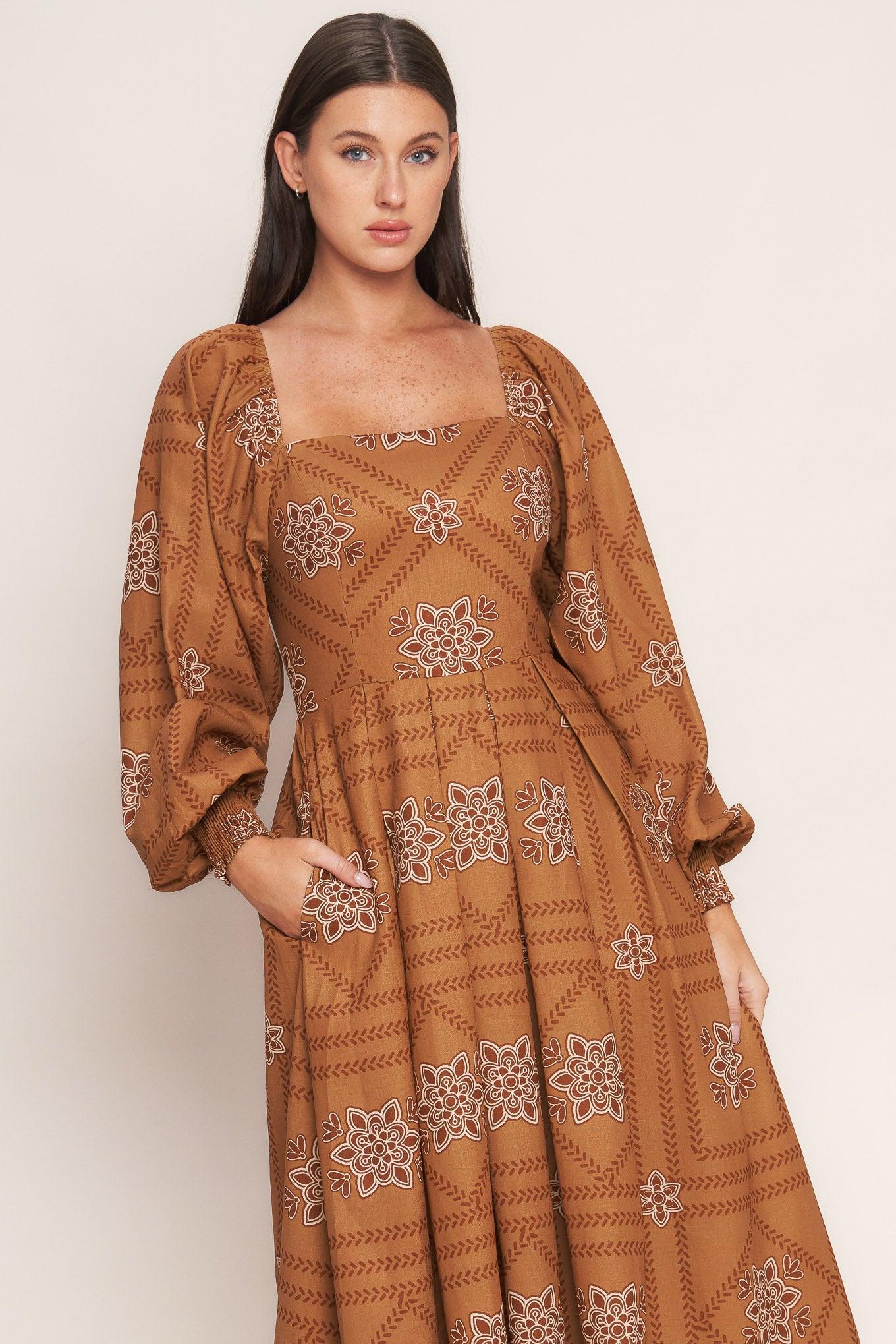Southwest Squares Woven Midi Dress in camel, view 2 — Soul Flow Apparel