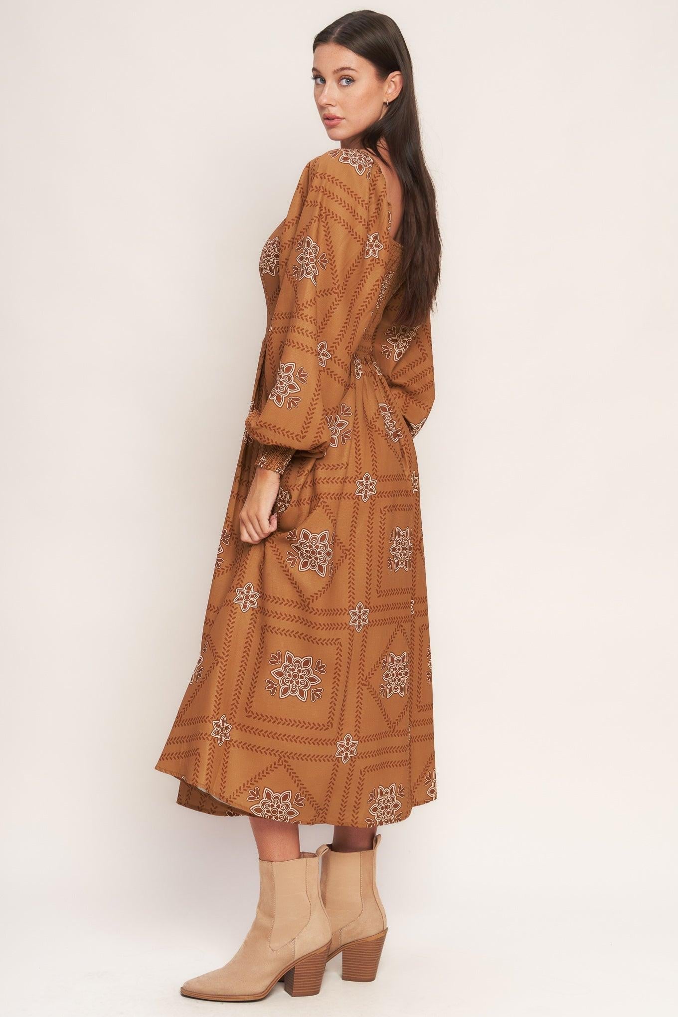 Southwest Squares Woven Midi Dress in camel, view 4 — Soul Flow Apparel