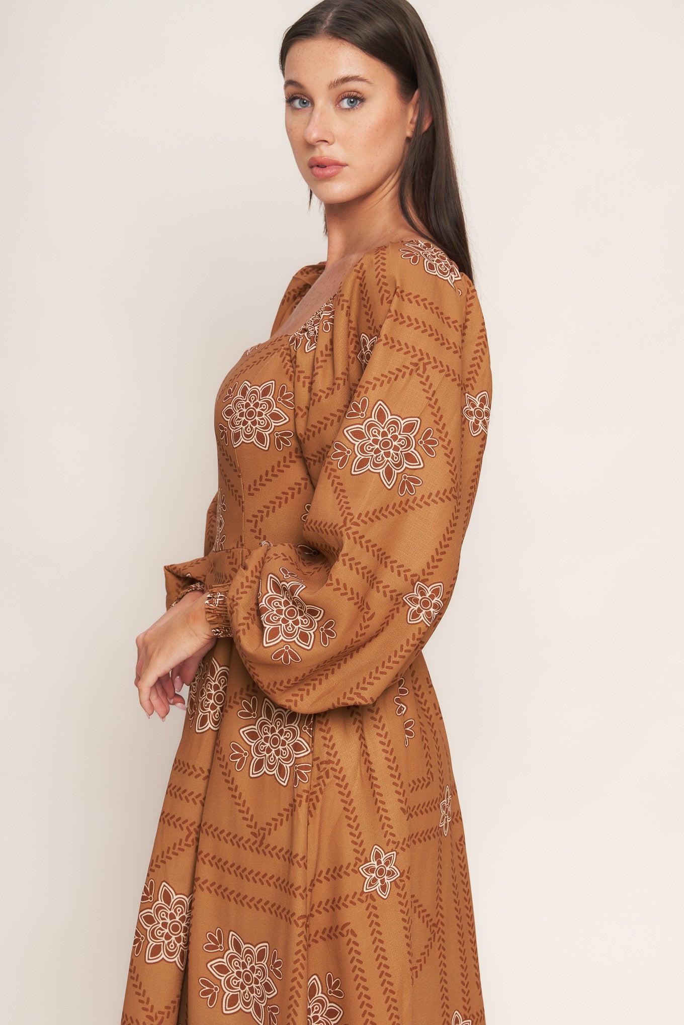 Southwest Squares Woven Midi Dress in camel, view 7 — Soul Flow Apparel