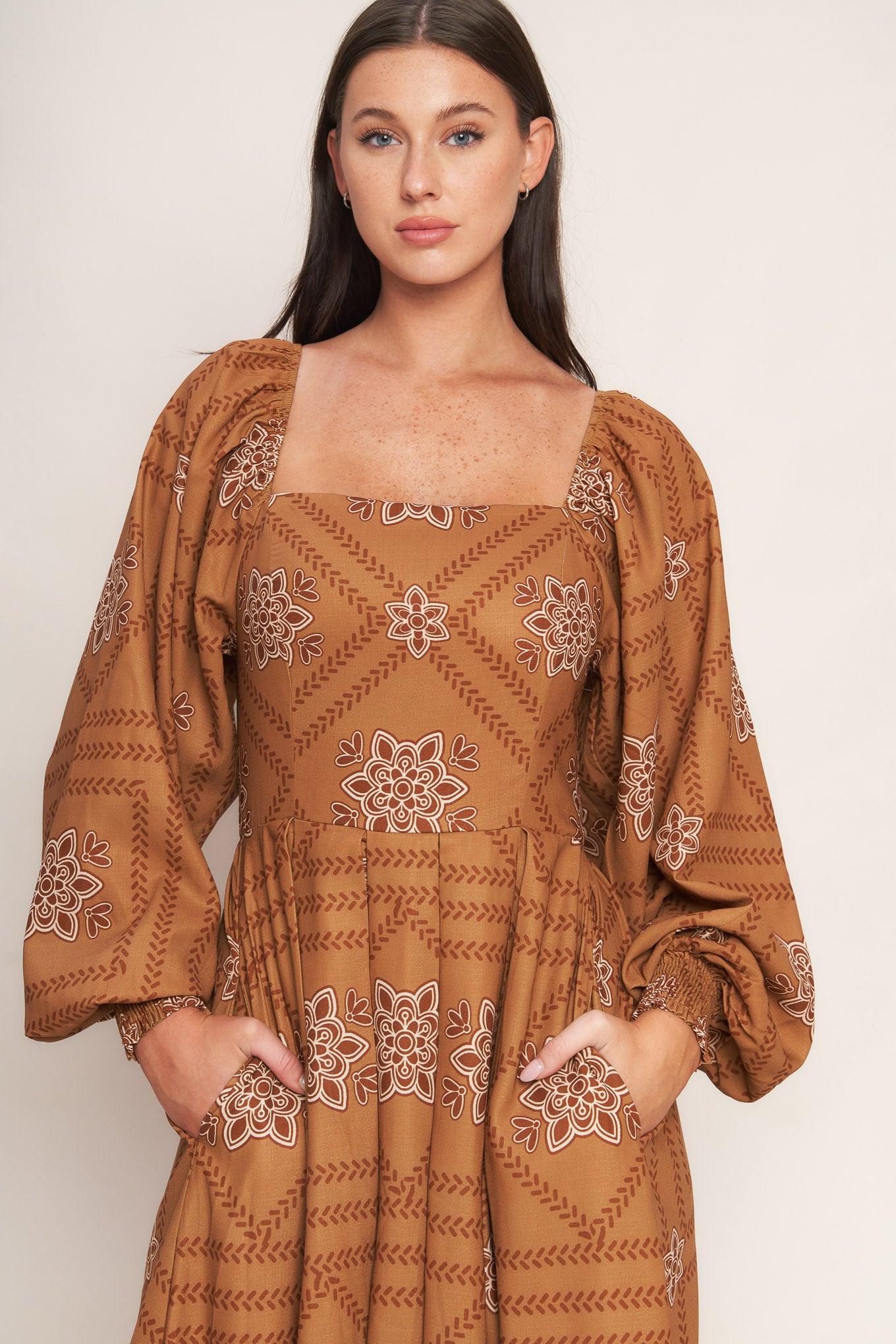 Southwest Squares Woven Midi Dress in camel, view 8 — Soul Flow Apparel