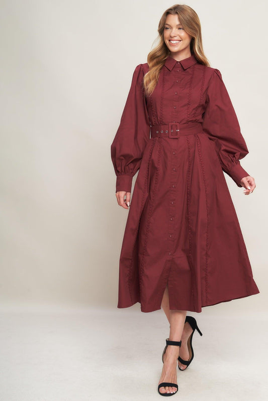 Modern Femme Burgundy Woven Midi Dress, view 2 — Soul Flow Apparel
