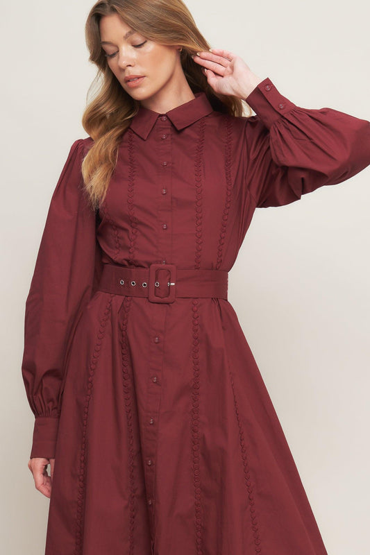 Modern Femme Burgundy Woven Midi Dress, view 3 — Soul Flow Apparel