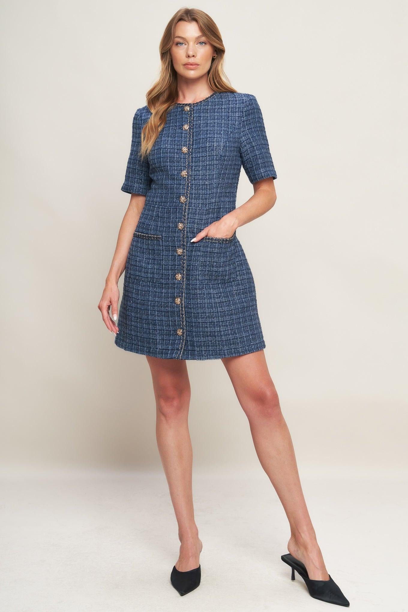 Modern Iconic Tweed Mini Dress in blue, view 1 — Soul Flow Apparel