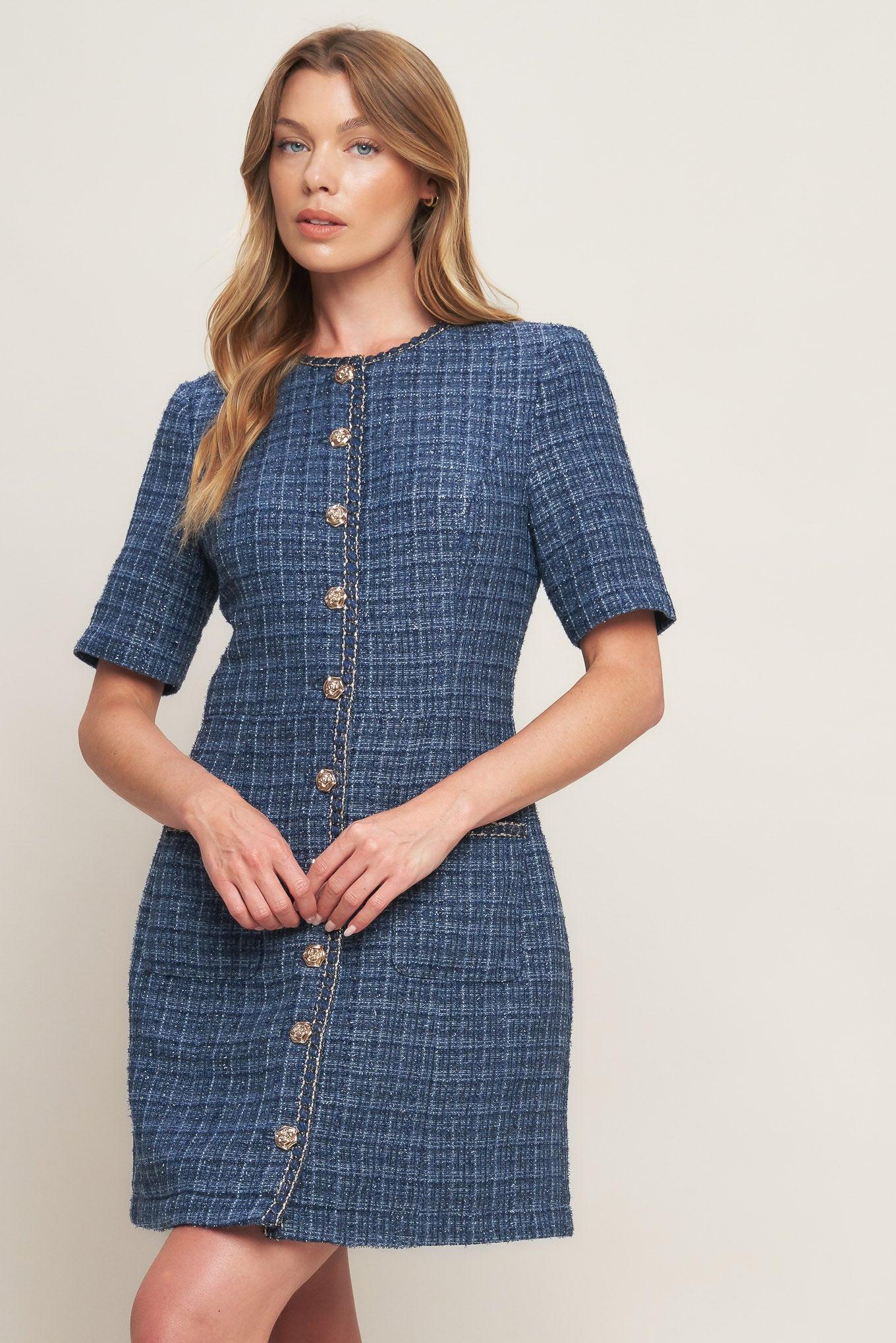 Modern Iconic Tweed Mini Dress in blue, view 2 — Soul Flow Apparel