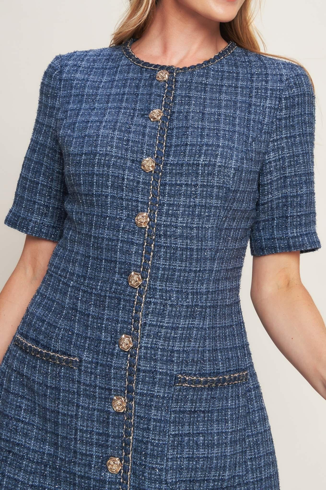 Modern Iconic Tweed Mini Dress in blue, view 3 — Soul Flow Apparel