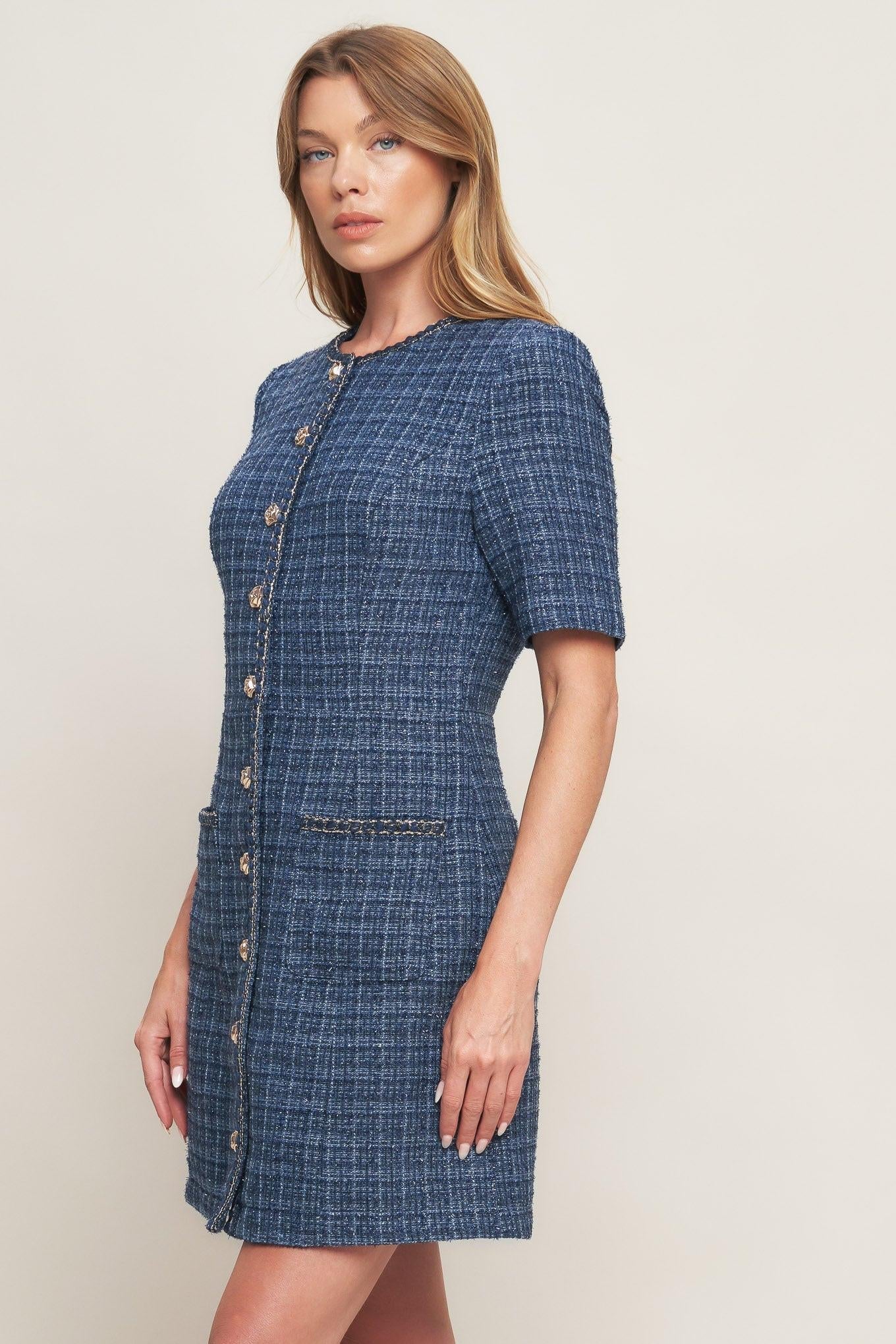 Modern Iconic Tweed Mini Dress in blue, view 5 — Soul Flow Apparel