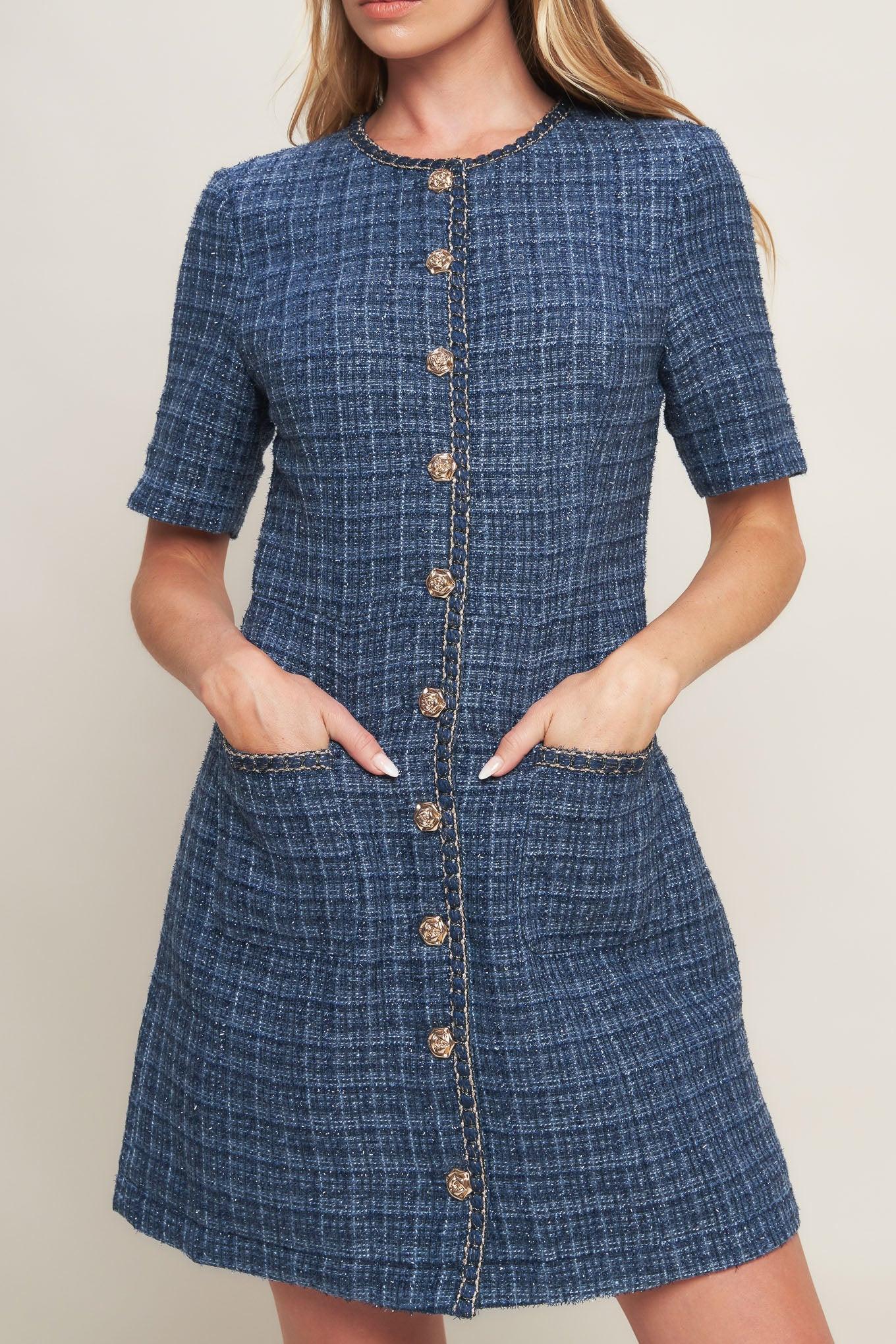 Modern Iconic Tweed Mini Dress in blue, view 6 — Soul Flow Apparel