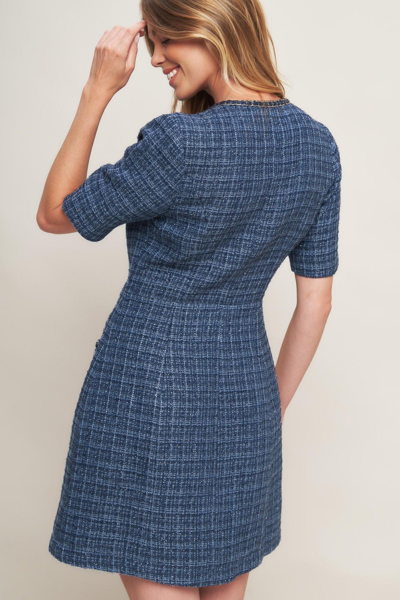 Modern Iconic Tweed Mini Dress in blue, view 7 — Soul Flow Apparel
