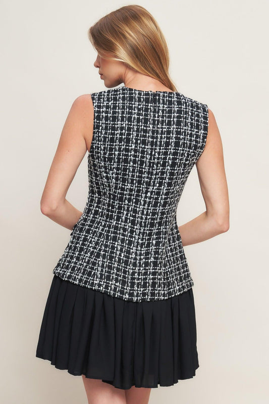 Modern Icon Tweed Woven Mini Dress in black, view 5 — Soul Flow Apparel