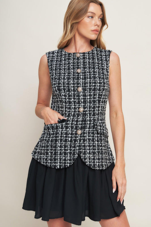 Modern Icon Tweed Woven Mini Dress in black, view 6 — Soul Flow Apparel