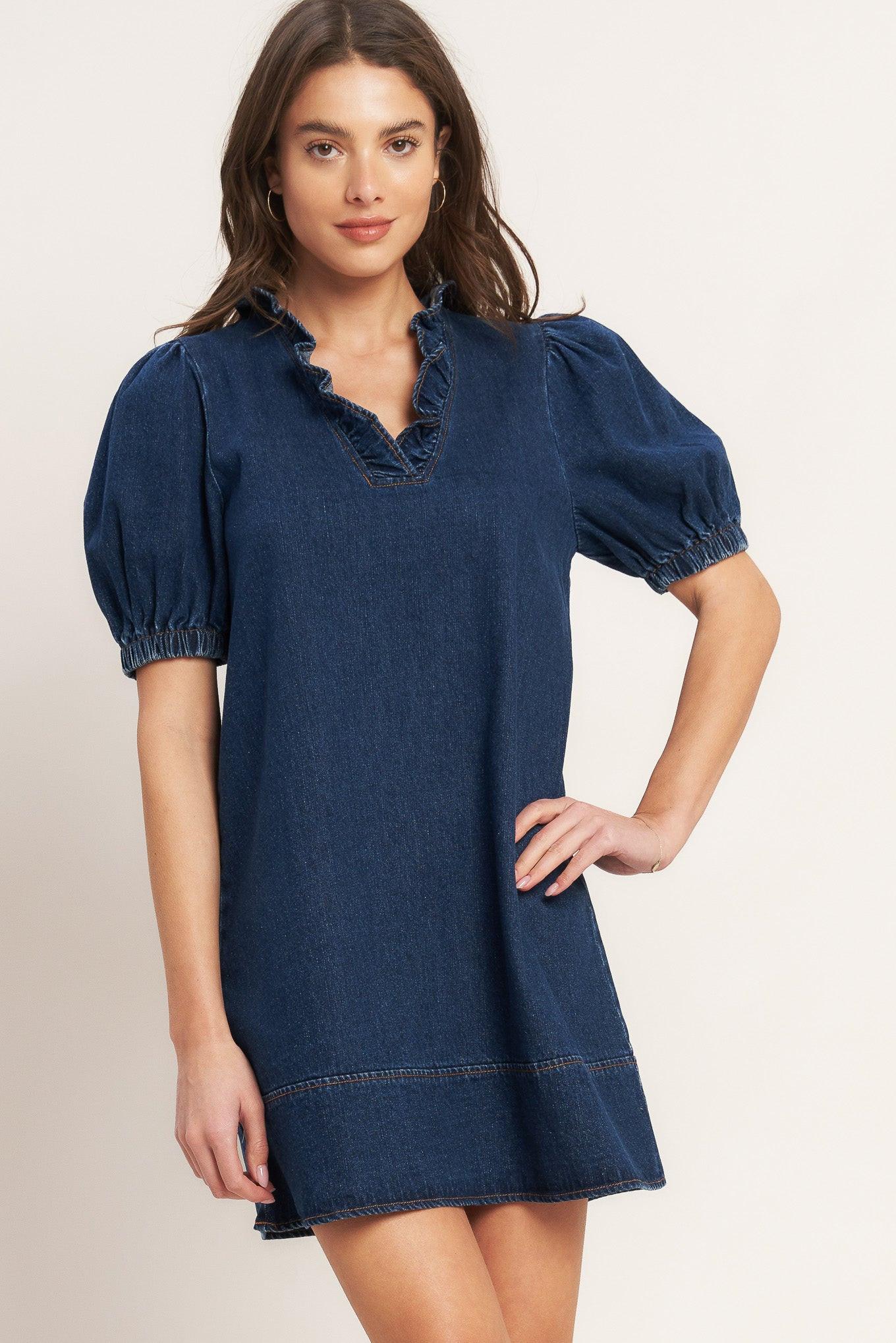 Modern Folk Touch Dnim Mini Dress in medium indigo, view 1 — Soul Flow Apparel