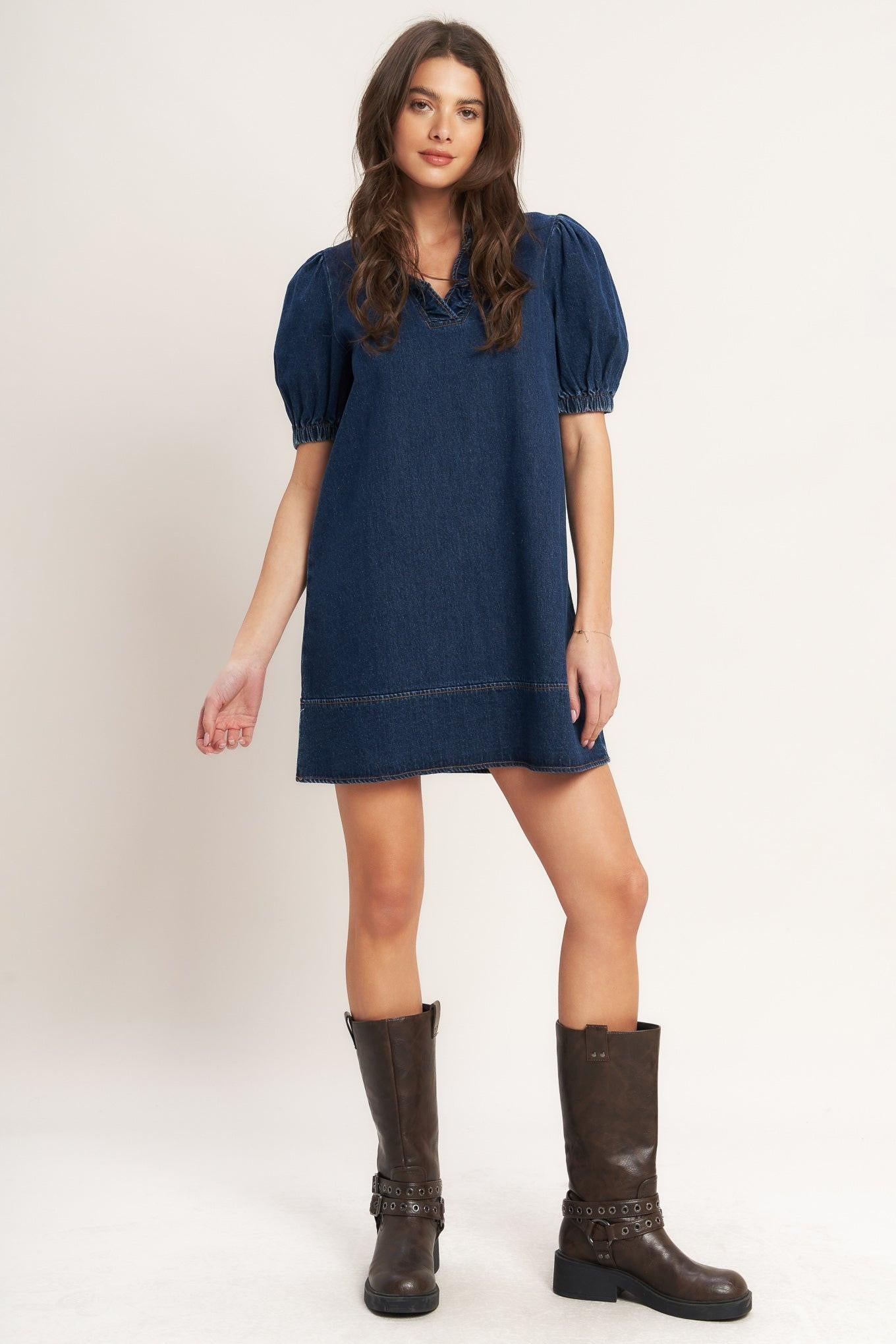 Modern Folk Touch Dnim Mini Dress in medium indigo, view 2 — Soul Flow Apparel