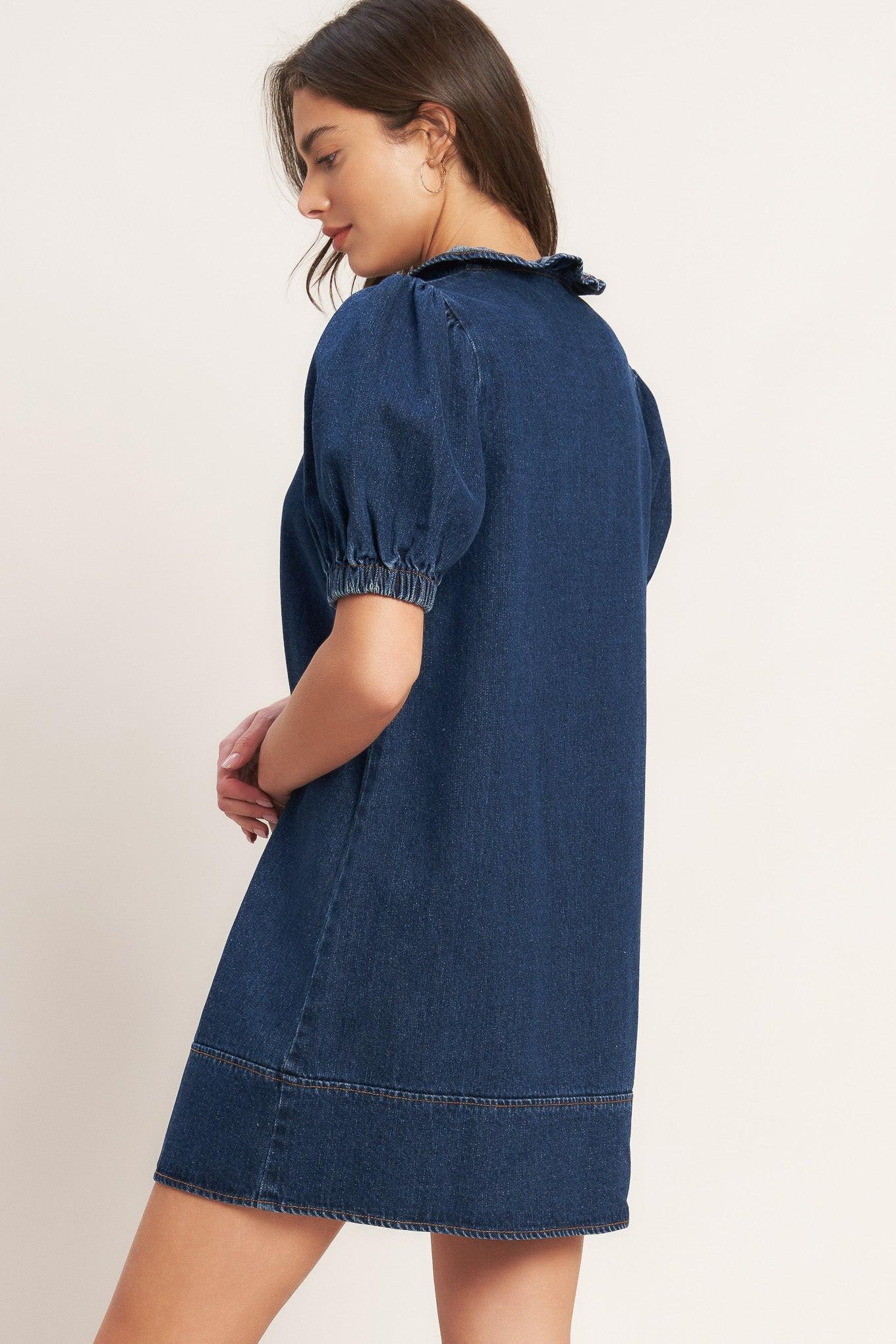 Modern Folk Touch Dnim Mini Dress in medium indigo, view 3 — Soul Flow Apparel