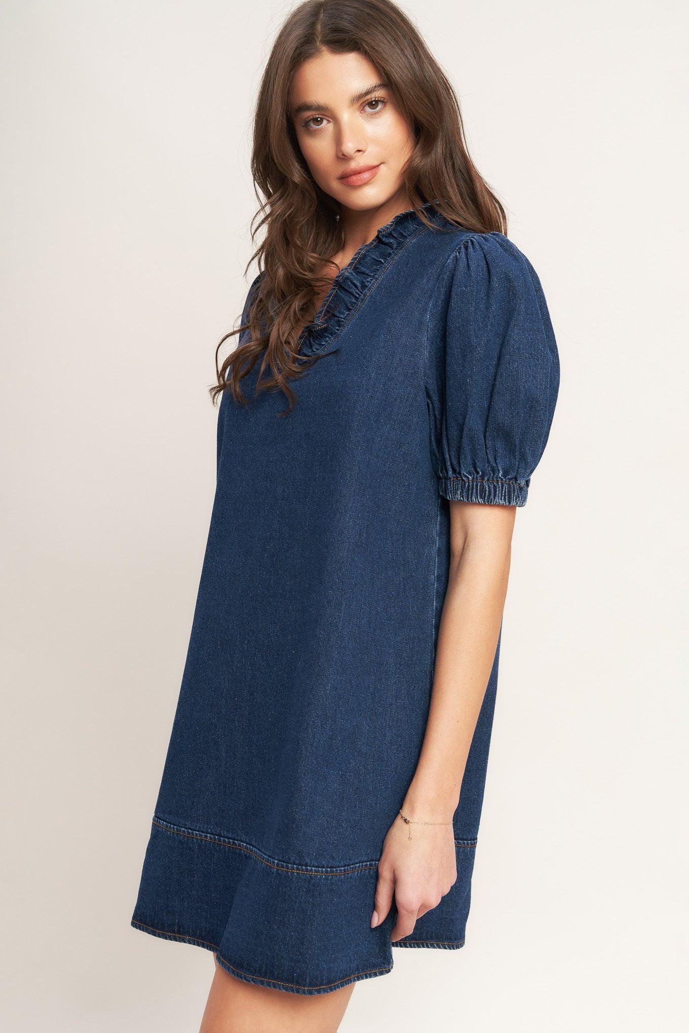 Modern Folk Touch Dnim Mini Dress in medium indigo, view 4 — Soul Flow Apparel