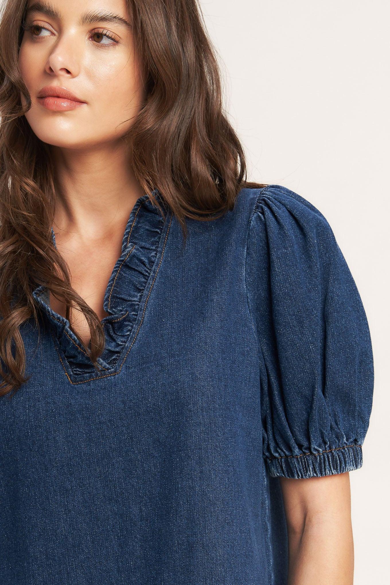 Modern Folk Touch Dnim Mini Dress in medium indigo, view 5 — Soul Flow Apparel