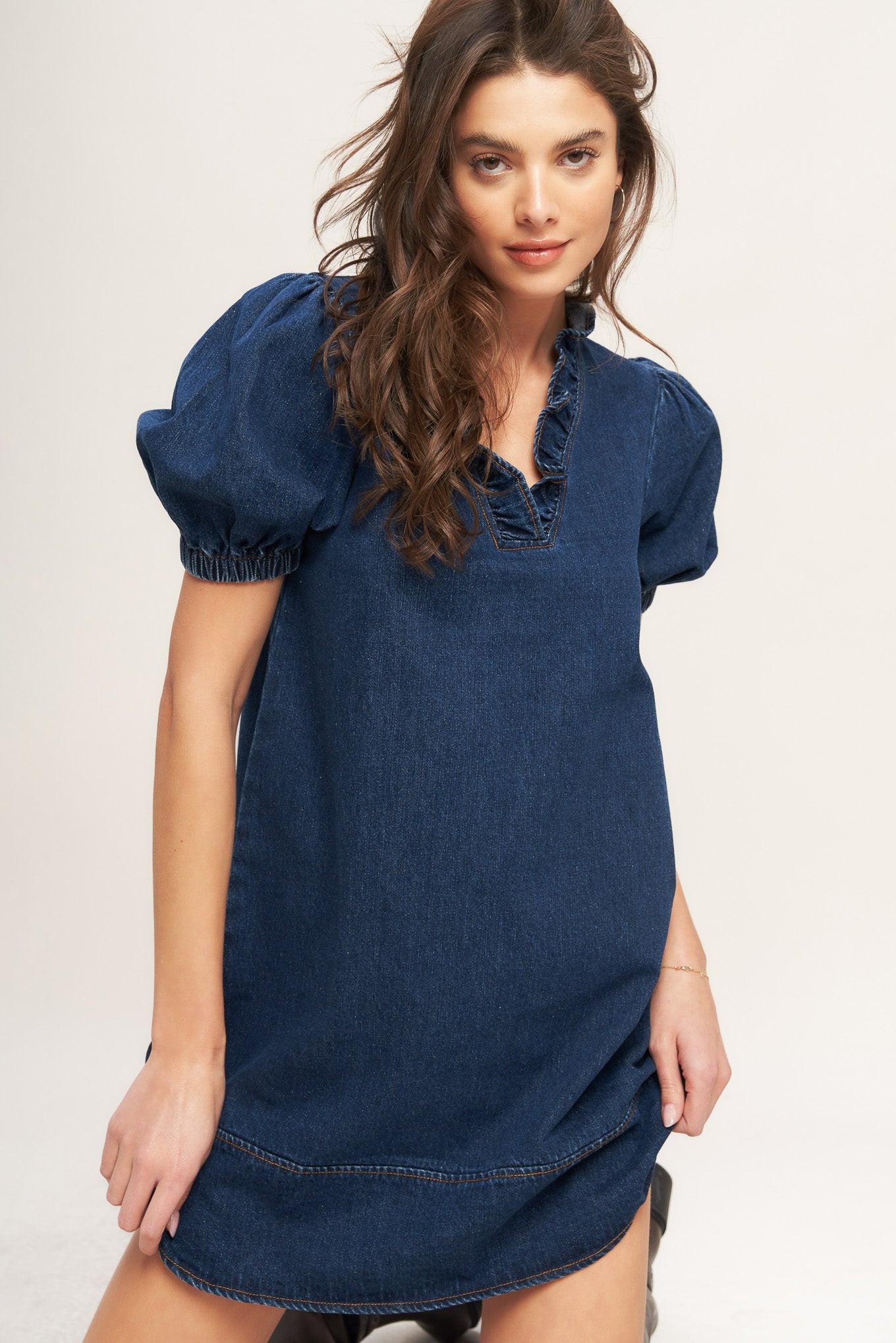 Modern Folk Touch Dnim Mini Dress in medium indigo, view 6 — Soul Flow Apparel