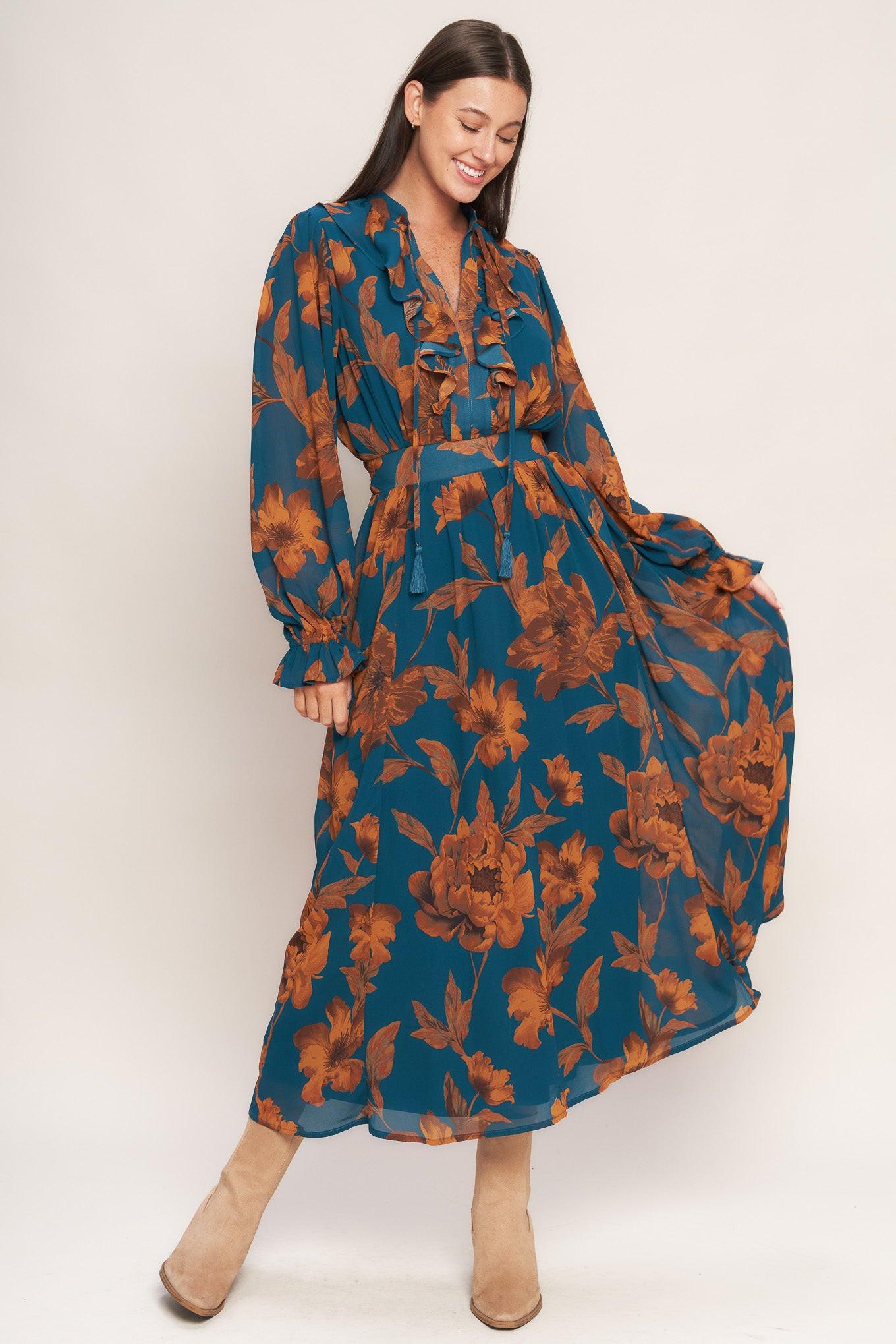 Burnished Botanica Woven Midi Dress in teal, view 1 — Soul Flow Apparel