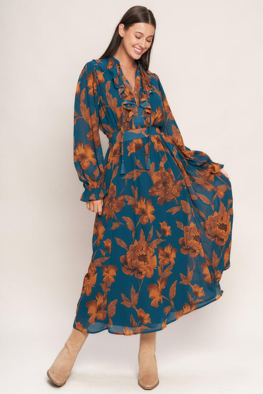 Burnished Botanica Woven Midi Dress in teal, view 1 — Soul Flow Apparel