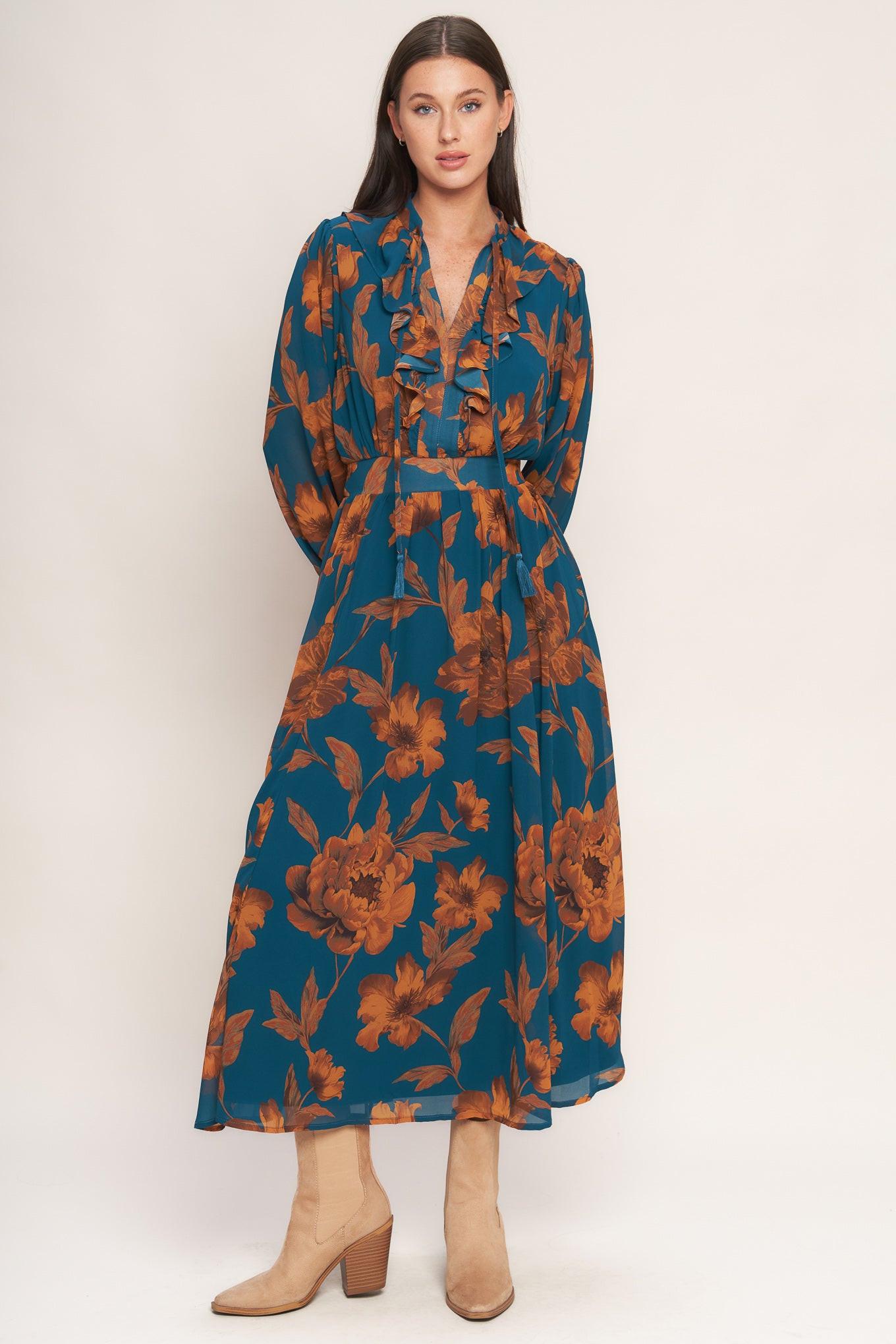 Burnished Botanica Woven Midi Dress in teal, view 4 — Soul Flow Apparel