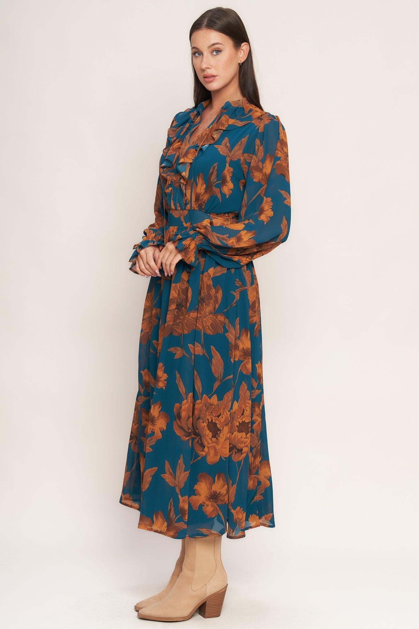 Burnished Botanica Woven Midi Dress in teal, view 5 — Soul Flow Apparel