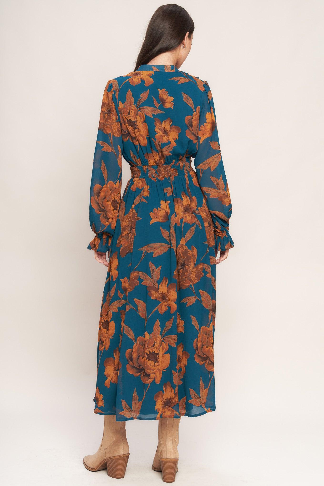 Burnished Botanica Woven Midi Dress in teal, view 6 — Soul Flow Apparel