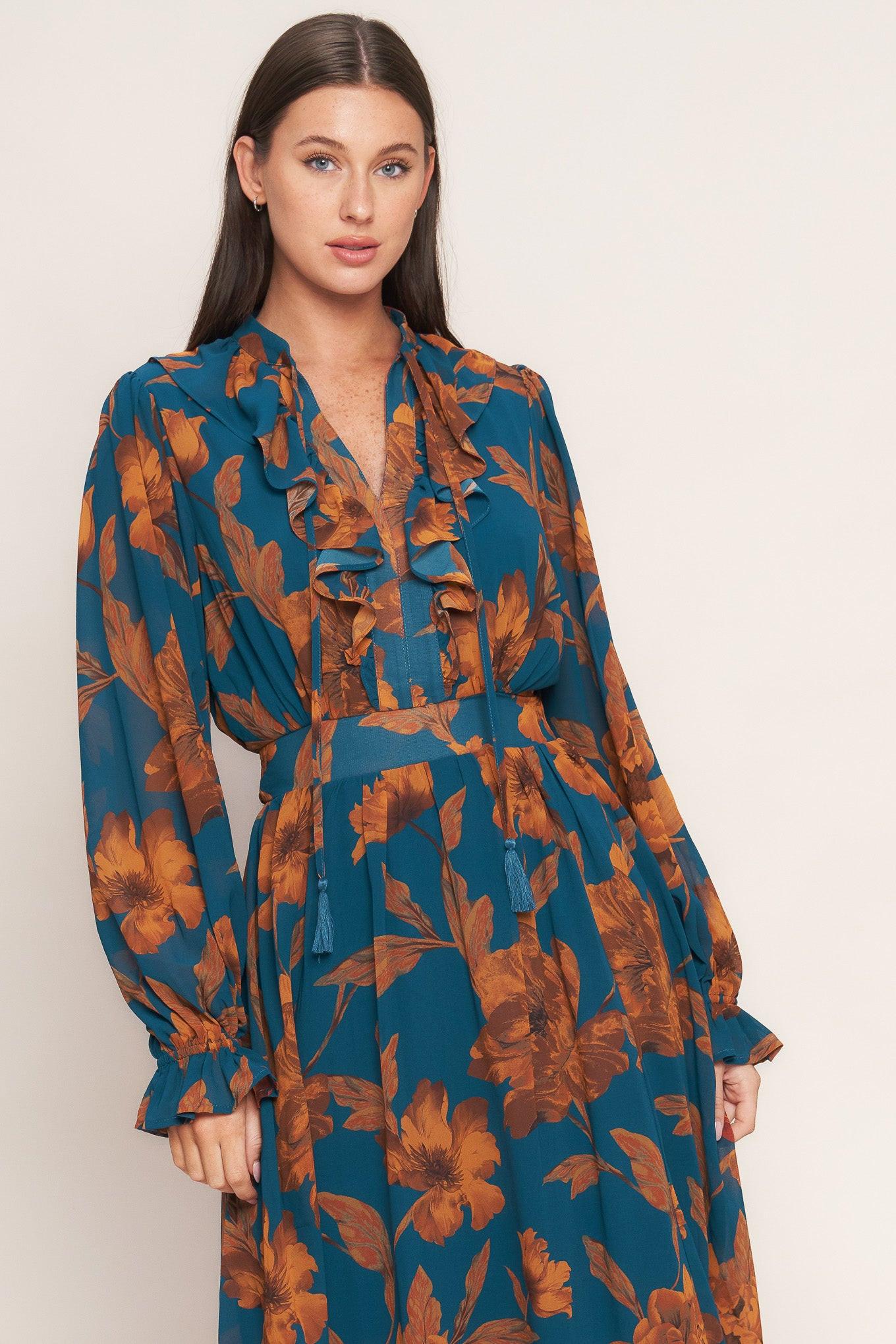 Burnished Botanica Woven Midi Dress in teal, view 7 — Soul Flow Apparel
