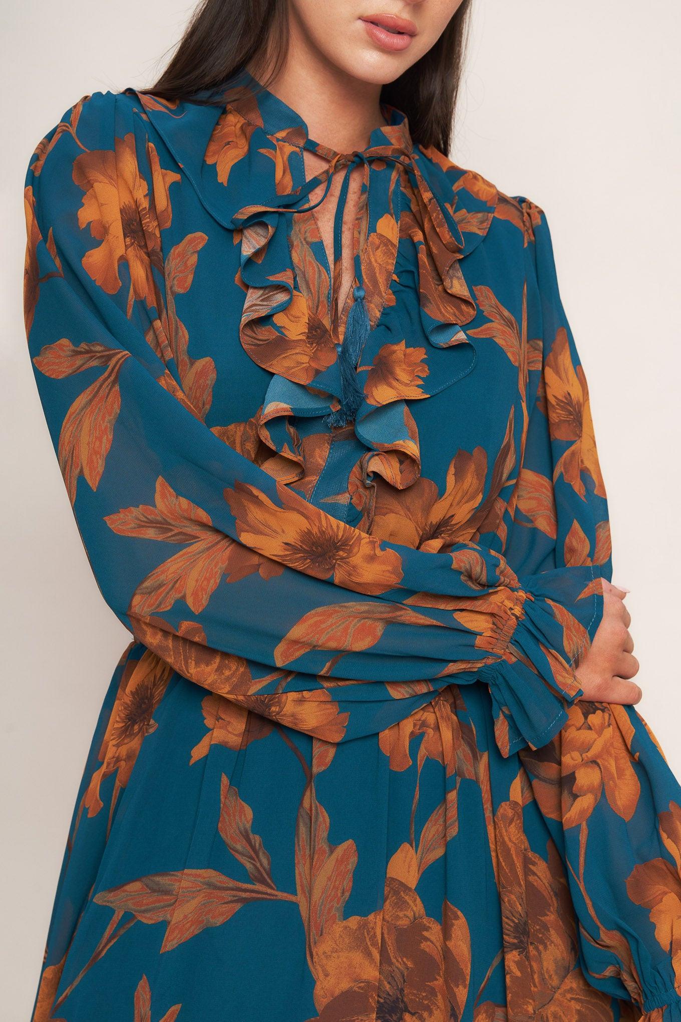 Burnished Botanica Woven Midi Dress in teal, view 8 — Soul Flow Apparel