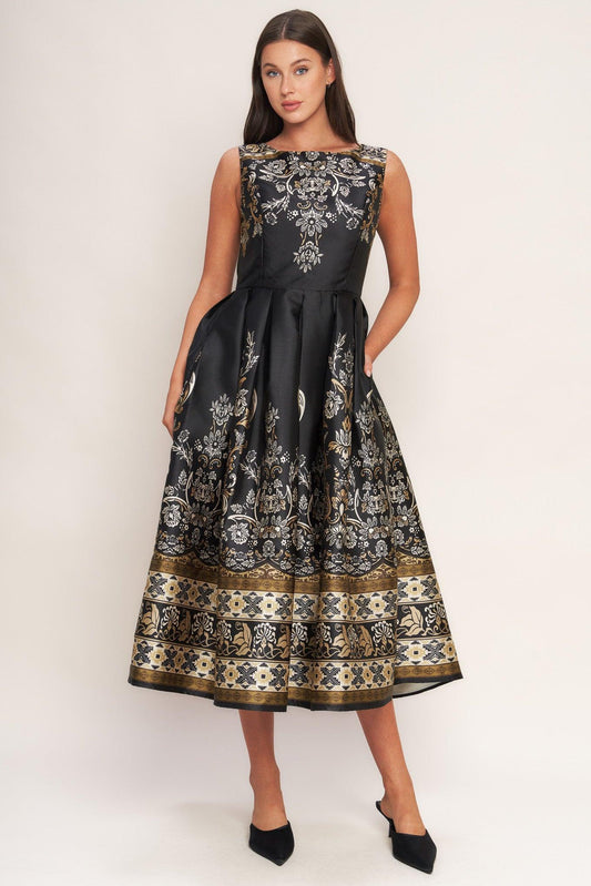Baroque Spell Woven Midi Dress in black, view 1 — Soul Flow Apparel