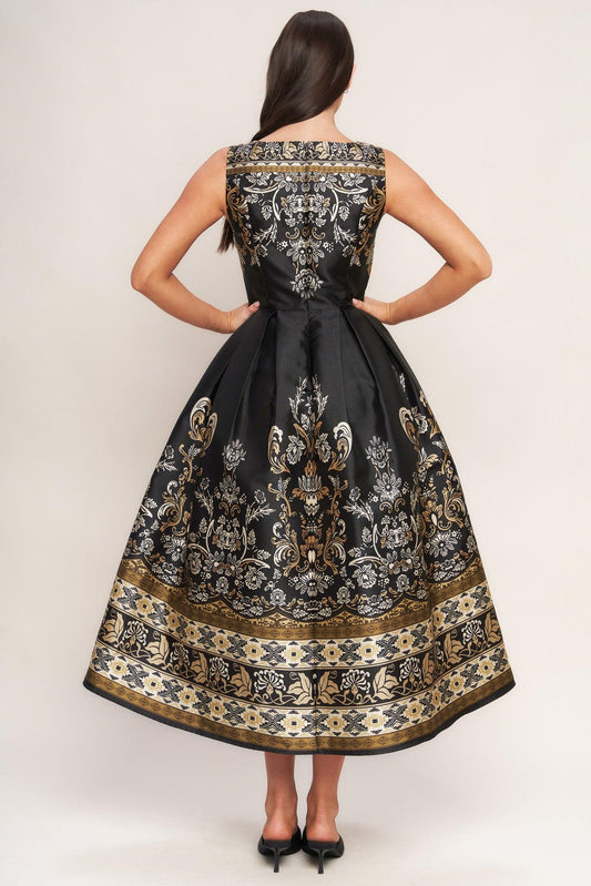 Baroque Spell Woven Midi Dress in black, view 3 — Soul Flow Apparel