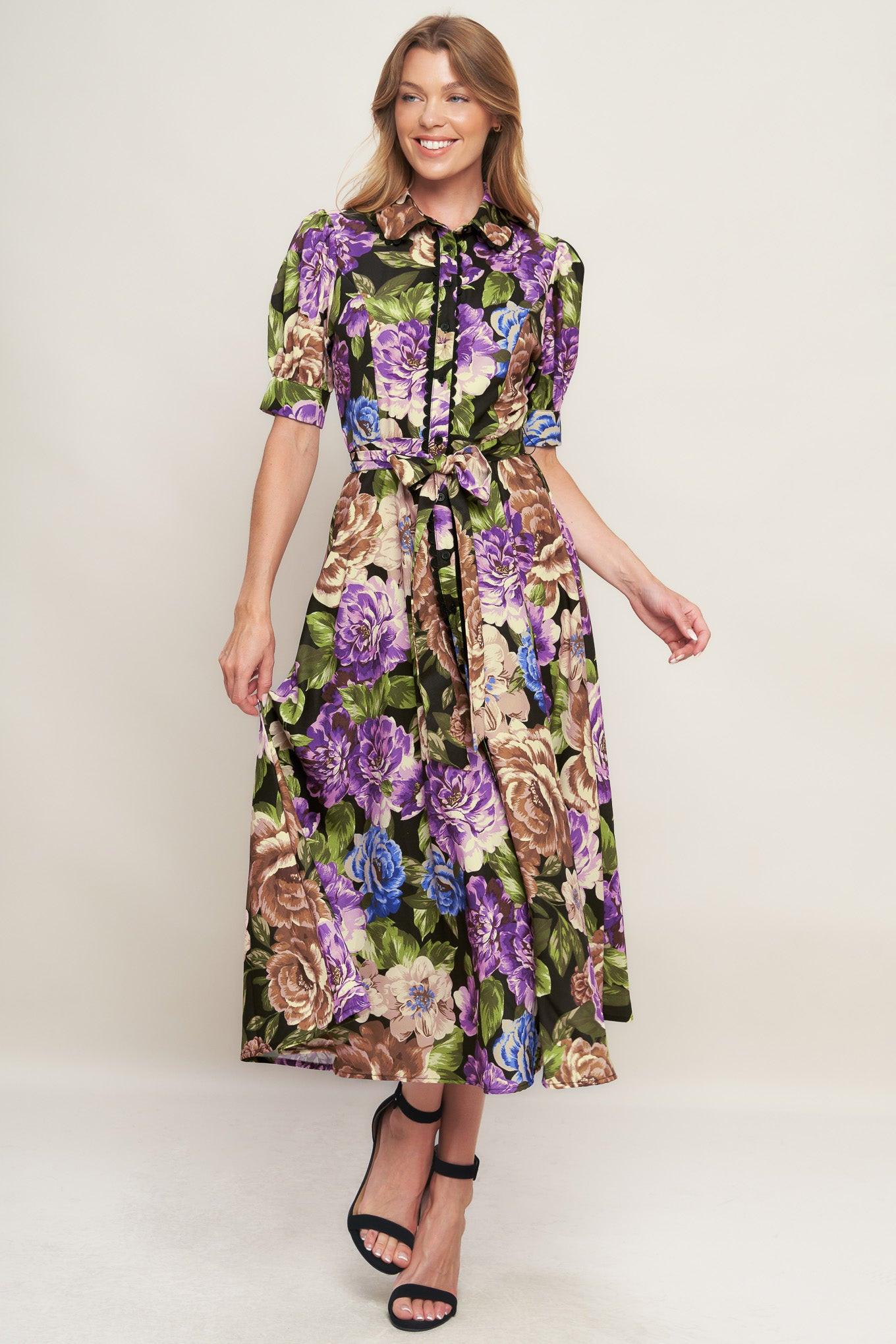 Vivid Heritage Woven Midi Dress in black, view 2 — Soul Flow Apparel