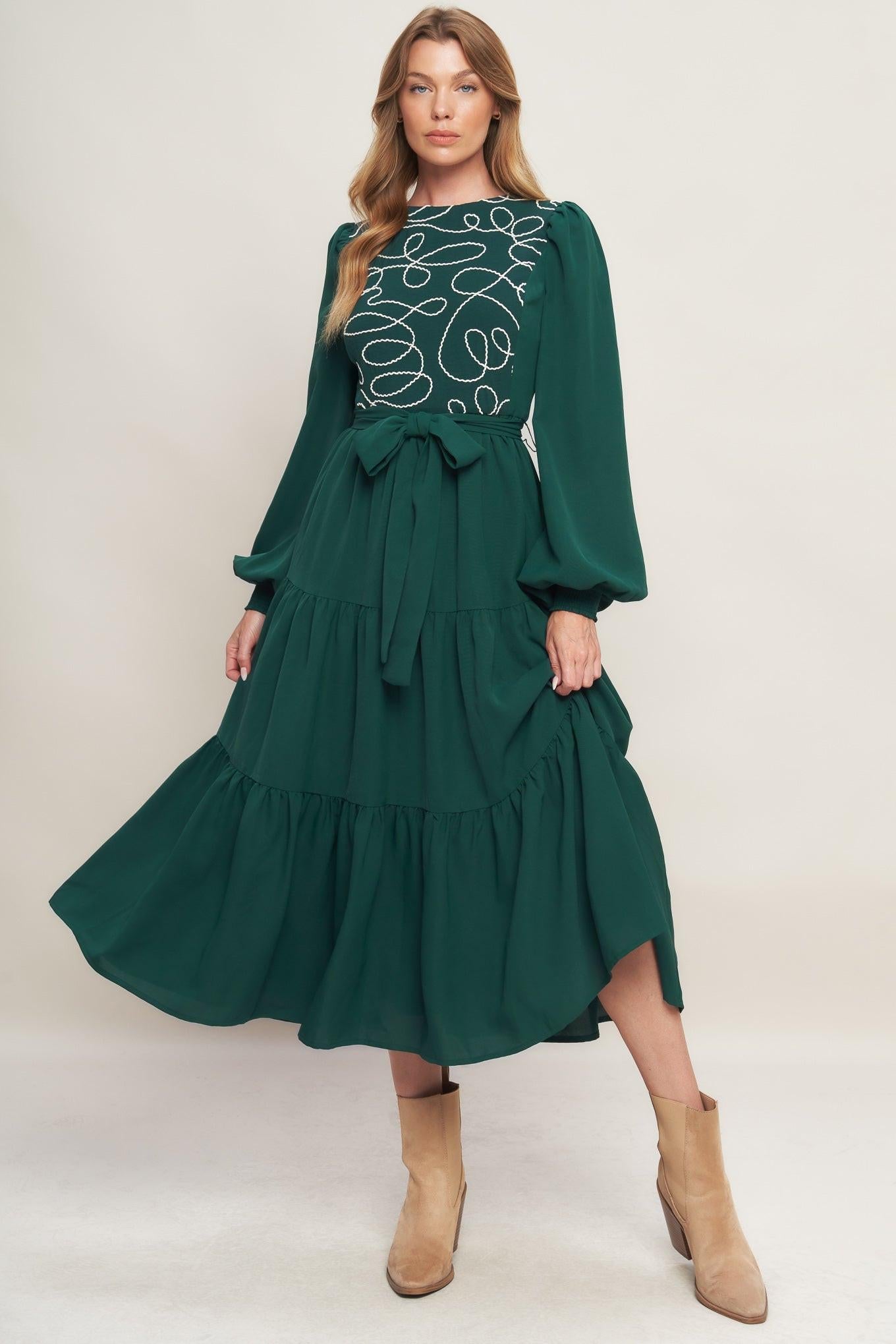 Forest Allure Woven Midi Dress in huntergreen, view 1 — Soul Flow Apparel