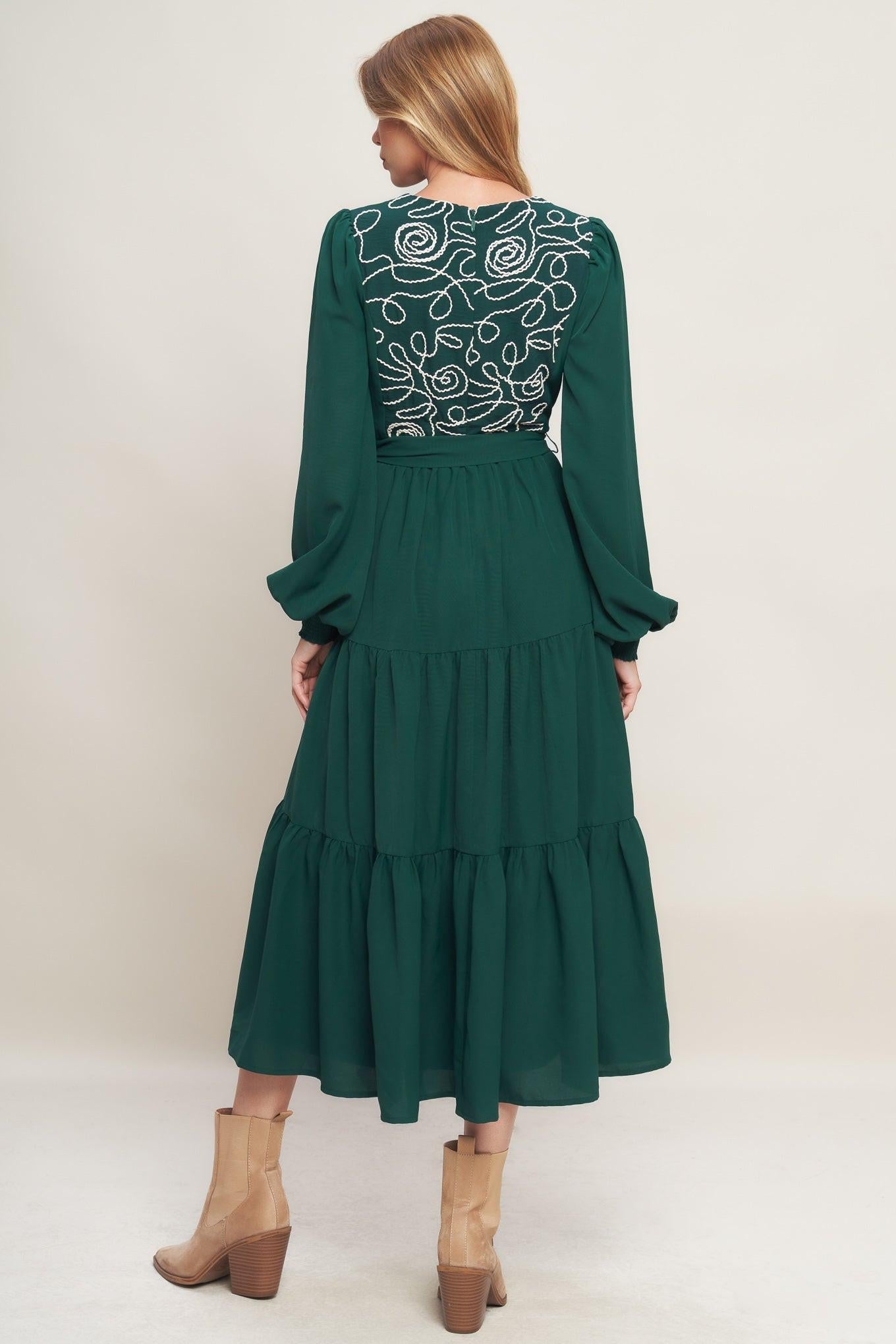 Forest Allure Woven Midi Dress in huntergreen, view 6 — Soul Flow Apparel
