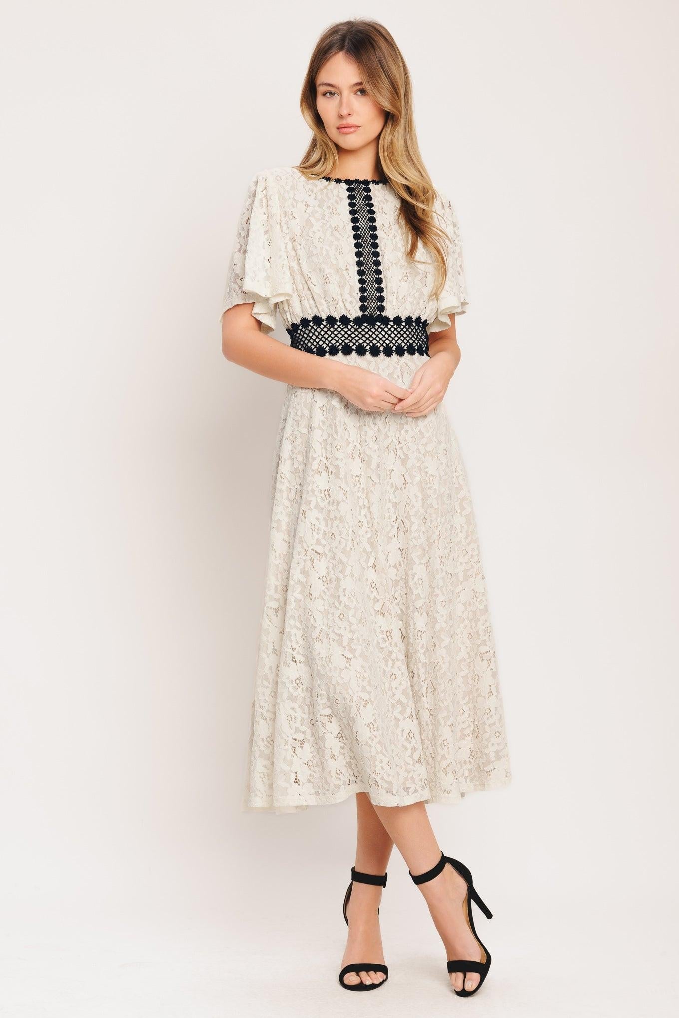 Petite Lune Woven Lace Midi Dress in ivory, view 1 — Soul Flow Apparel