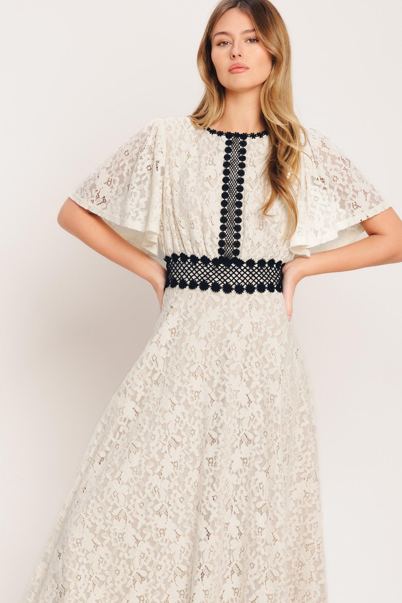 Petite Lune Woven Lace Midi Dress in ivory, view 4 — Soul Flow Apparel