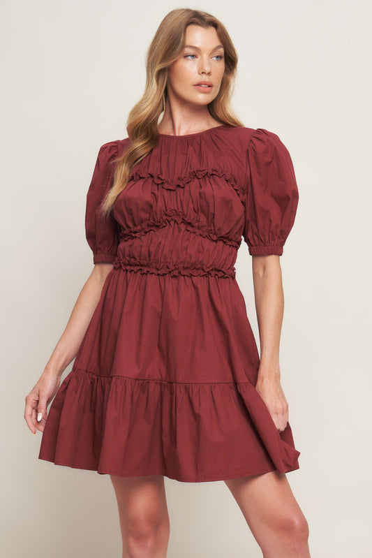 Playful Classic Woven Mini Dress in maroon, view 1 — Soul Flow Apparel