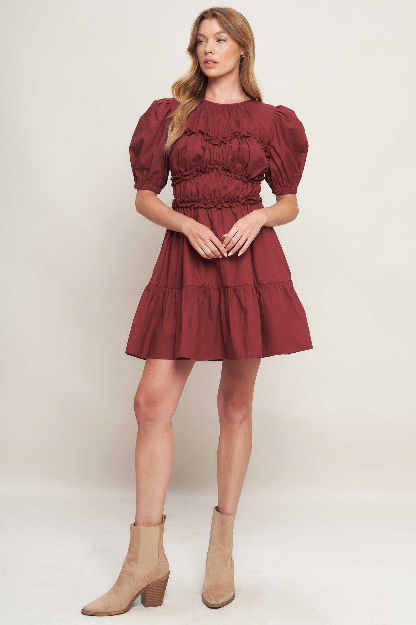 Playful Classic Woven Mini Dress in maroon, view 2 — Soul Flow Apparel