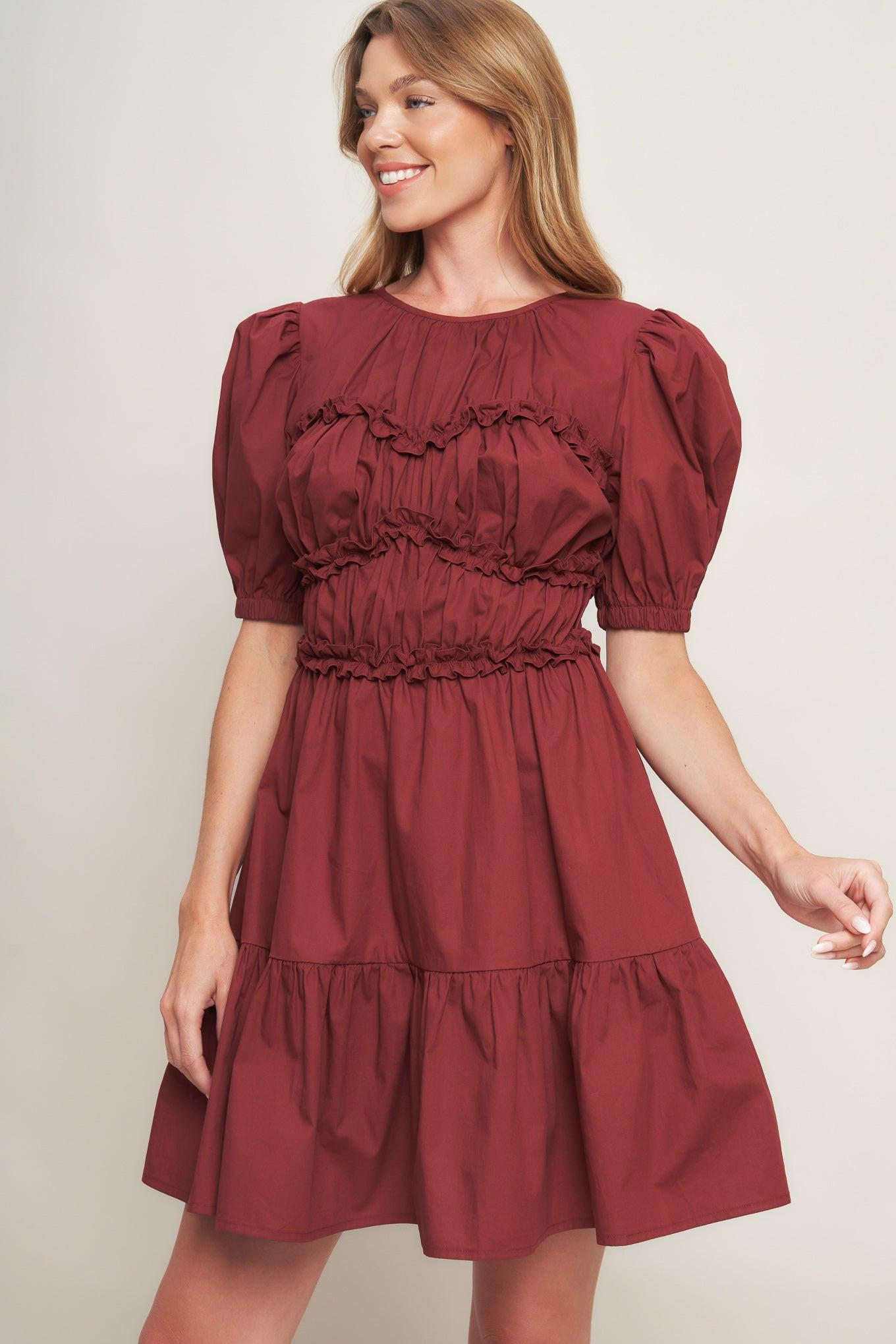 Playful Classic Woven Mini Dress in maroon, view 5 — Soul Flow Apparel