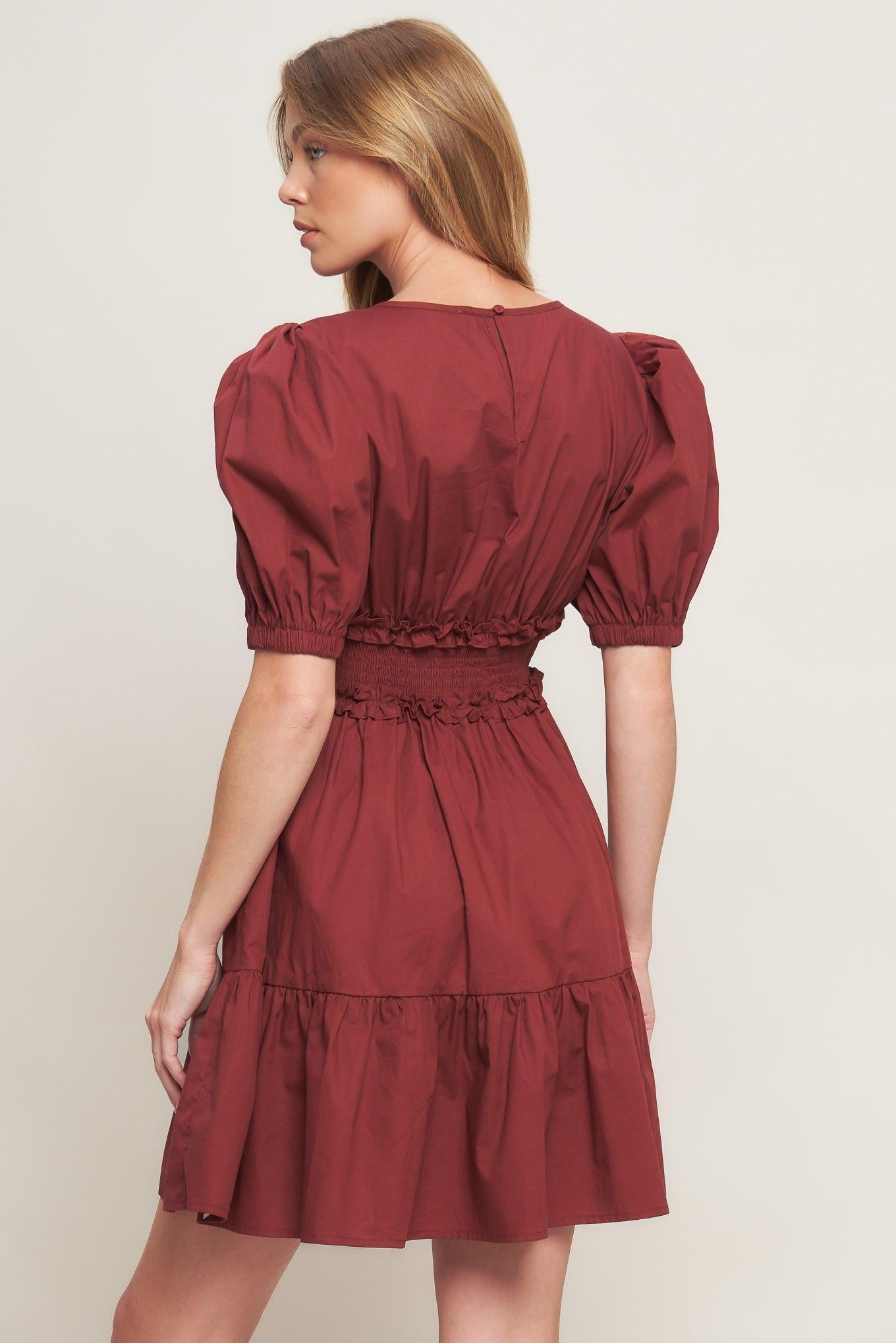 Playful Classic Woven Mini Dress in maroon, view 6 — Soul Flow Apparel