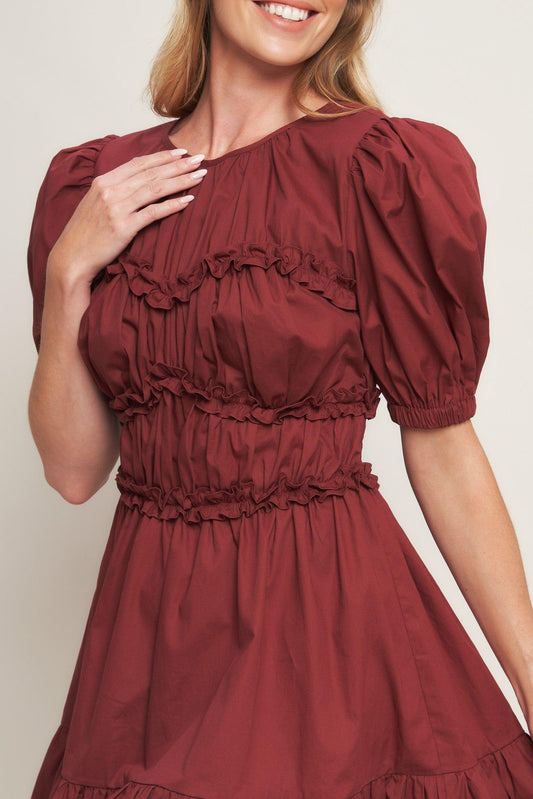 Playful Classic Woven Mini Dress in maroon, view 7 — Soul Flow Apparel