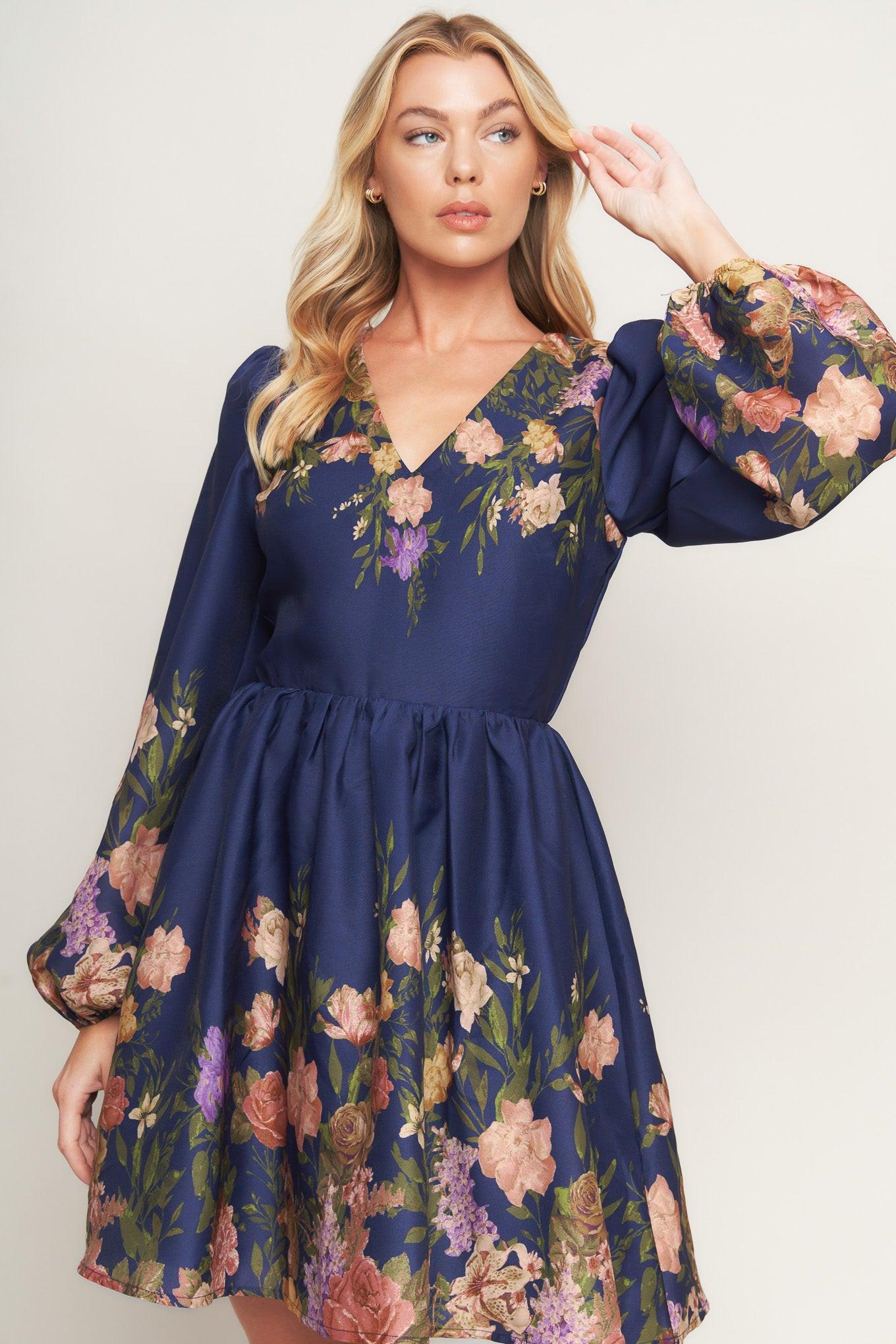 Nocturne in Bloom Woven Mini Dress in navy, view 3 — Soul Flow Apparel